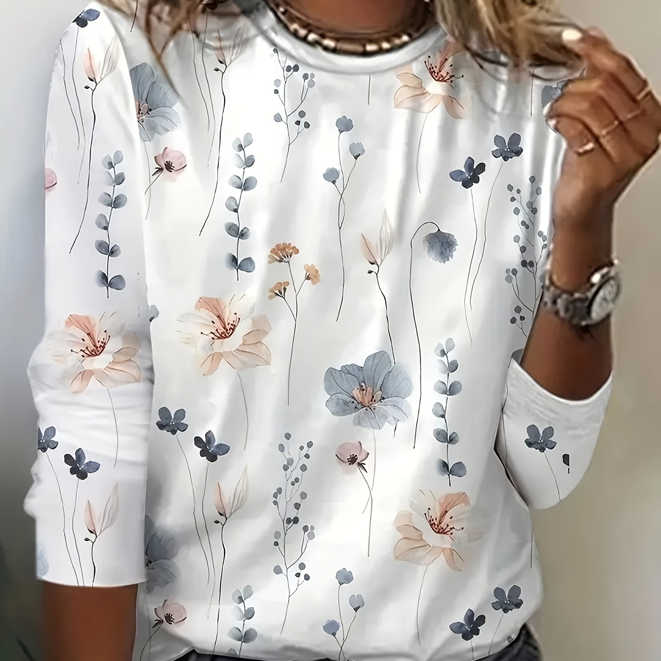 

Floral Print Crew Neck T-shirt, Casual Long Sleeve T-shirt For Spring & Summer, Women's Clothing