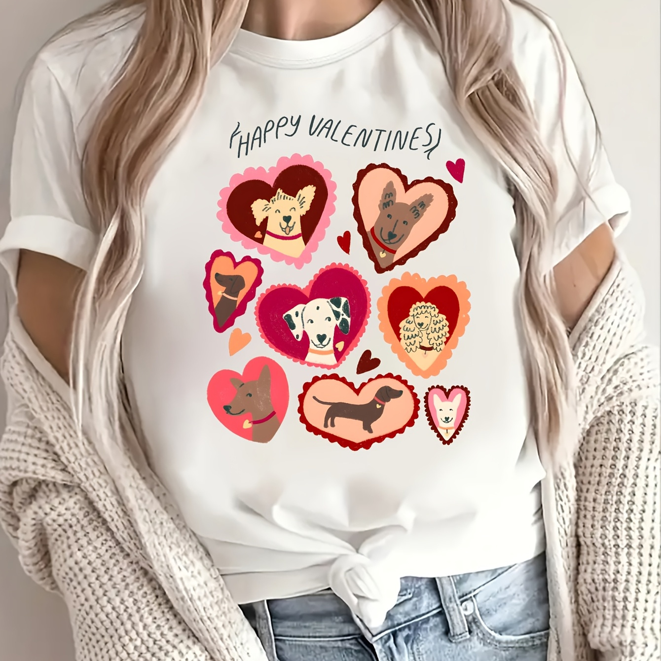 

Lovers Graphic Tee, Casual Crew Neck, Polyester Knit Fabric Top With Elastane, Regular Length, With Heart Pattern, For All