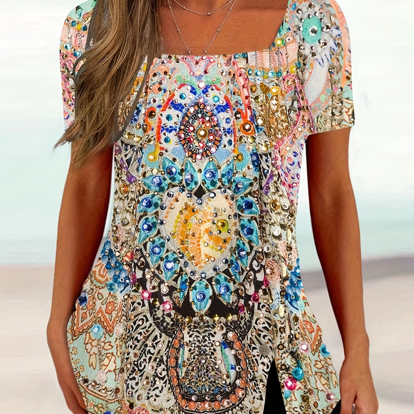 

Plus Size Boho T-shirt, Women's Plus Allover Print Short Sleeve Square Neck T-shirt