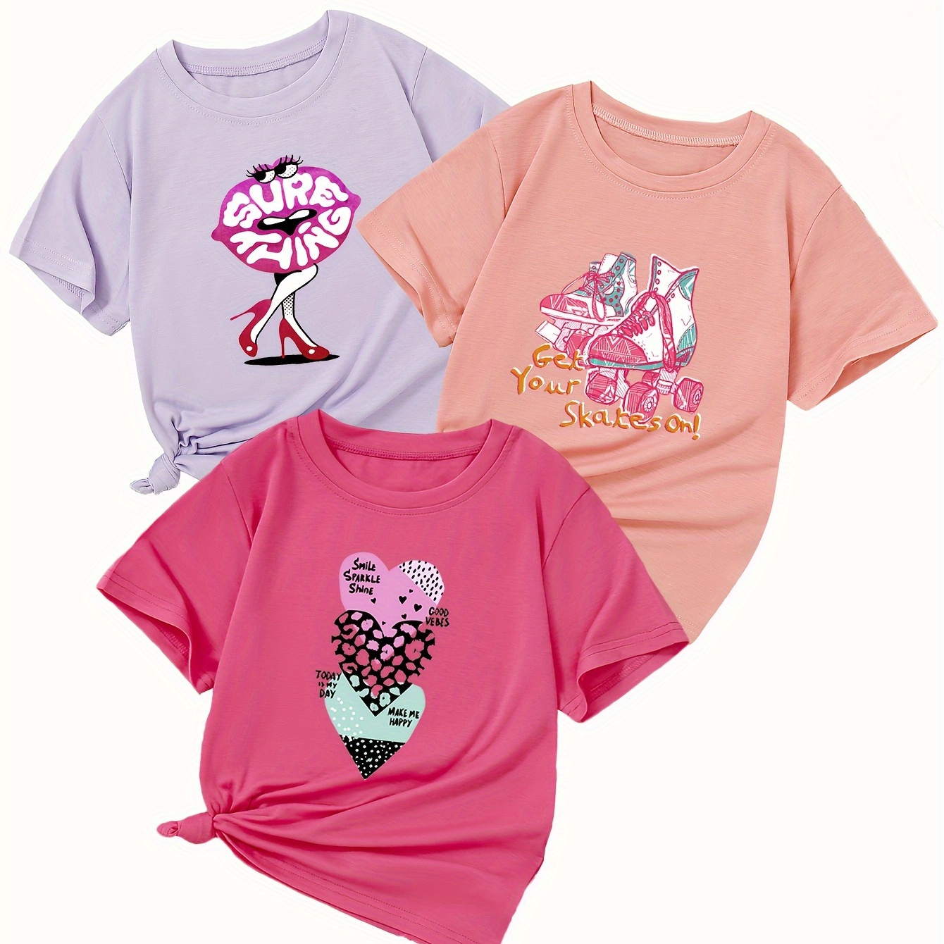 

Superthing With High Heels/anime Roller Skate Shoes/hearts Graphic Print For Girls, 3pcs Comfy And Fit T-shirts, Top Pullover For Spring And Summer For Outdoor Activities