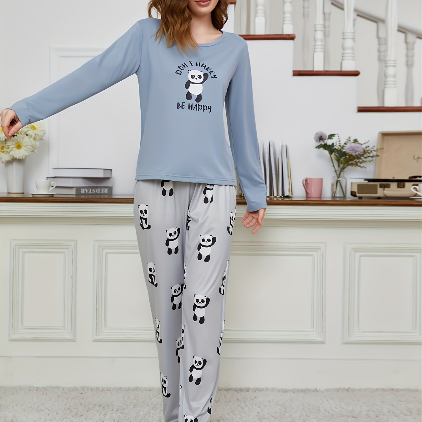 

Cartoon Panda Print Pajama Set, Long Sleeve Crew Neck Top & Elastic Waistband Pants, Women's Sleepwear & Loungewear