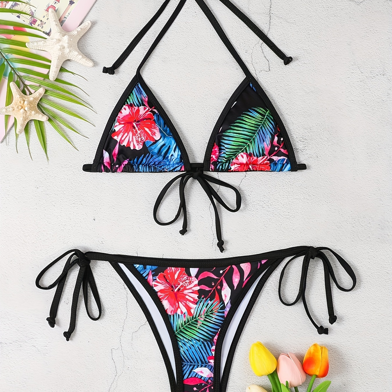 

Tropical Print Triangle 2 Piece Set Bikini, Halter V Neck Tie Back Backless Tie Side High Cut Swimsuits, Women's Swimwear & Clothing