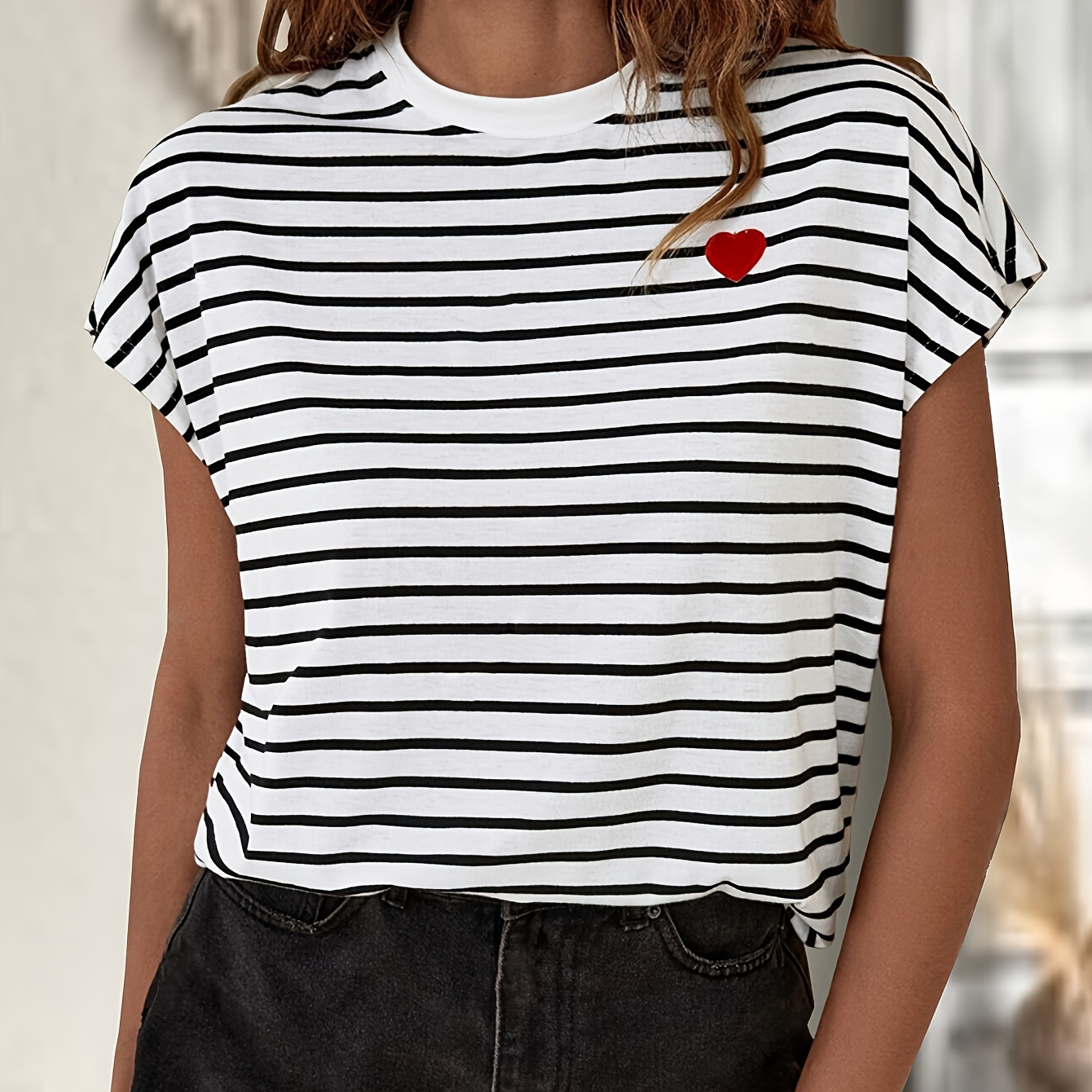 

Heart Print Crew Neck Striped T-shirt, Casual Short Sleeve T-shirt For Spring & Summer, Women's Clothing