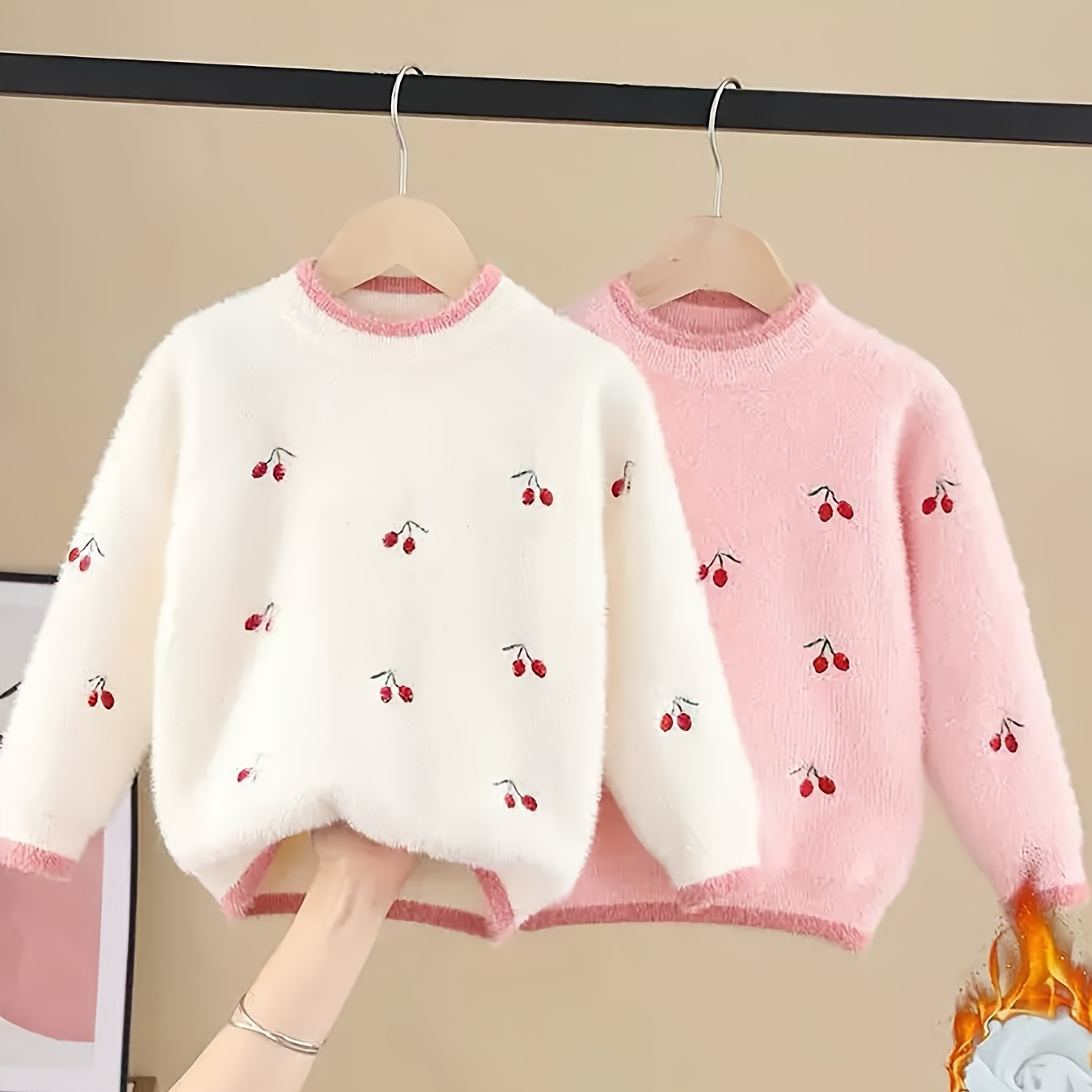 

2 Pieces Of Knitted Pullover For Girls Imitation Mink Velvet And Fleece Baby Girl Cute Cherry Pullover Sweater