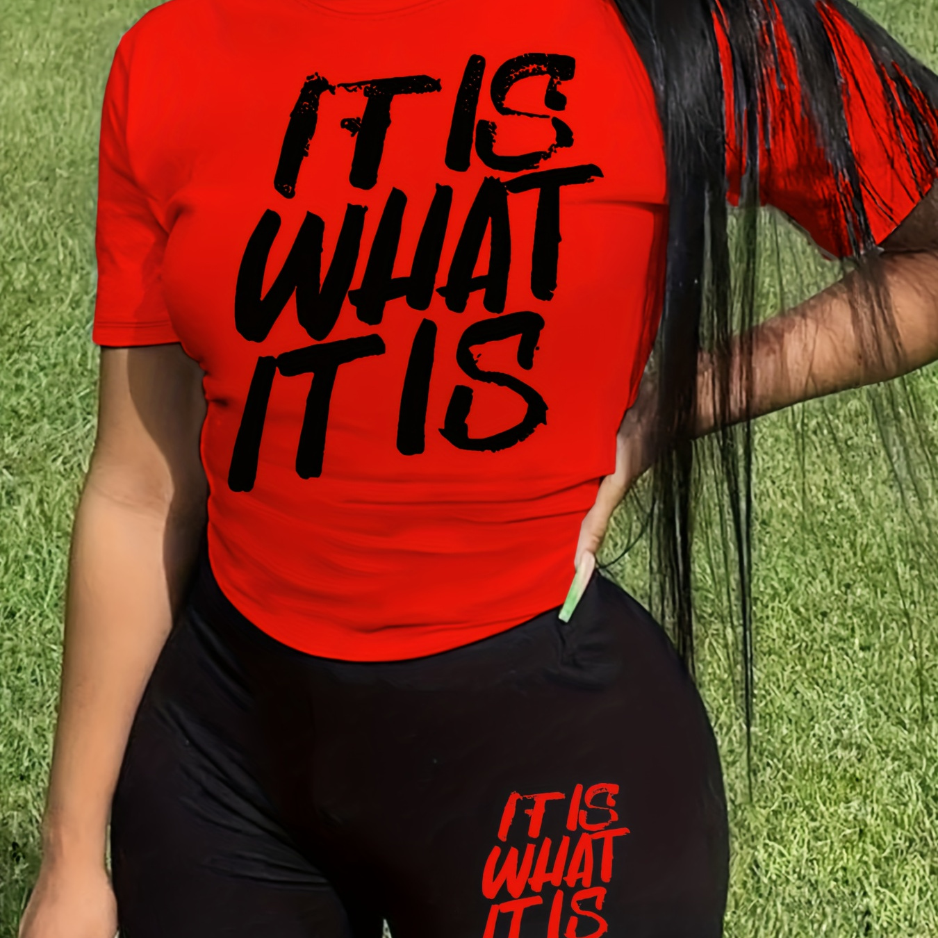 

Plus Size Letter Print Two-piece Set, Crew Neck Short Sleeve Top & Shorts Outfits, Women's Plus Size clothing
