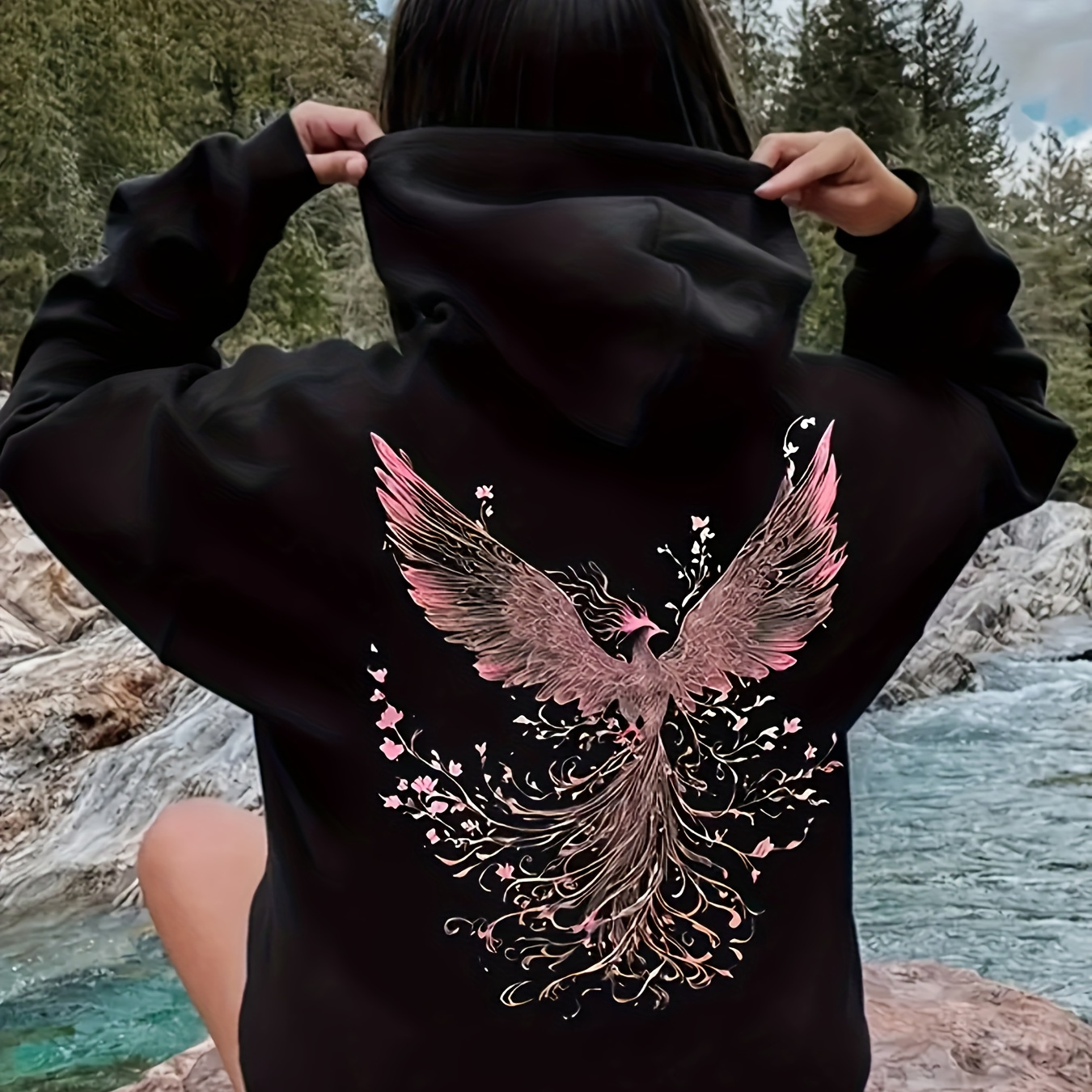 

Women's Casual Hoodie With Drawstring, Polyester Knit Fabric, Graphic Phoenix Design, Cap Sleeve Sweatshirt