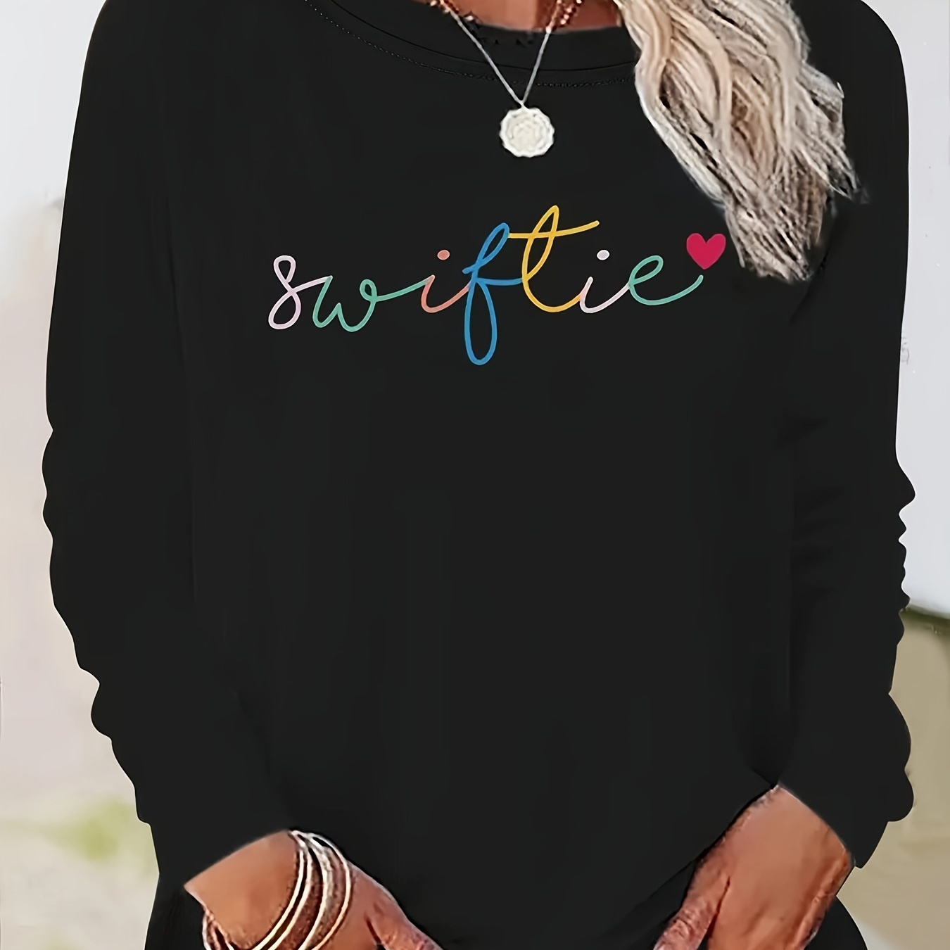 

Colorful Letter & Heart Print Pullover Sweatshirt, Cute Long Sleeve Crew Neck Sweatshirt, Women's Clothing