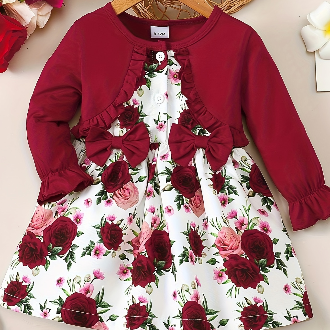 

Cute Girls Ditsy Floral Long Sleeve Splicing Faux Two-piece Bow Dress