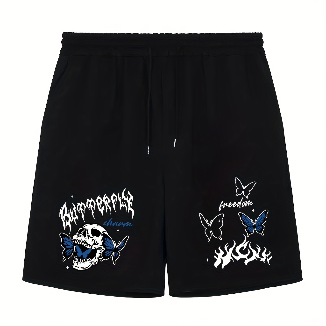 

Skull & Butterfly Pattern Comfy Shorts, Men's Casual Slightly Stretch Waist Drawstring Shorts For Summer Basketball Beach Resort