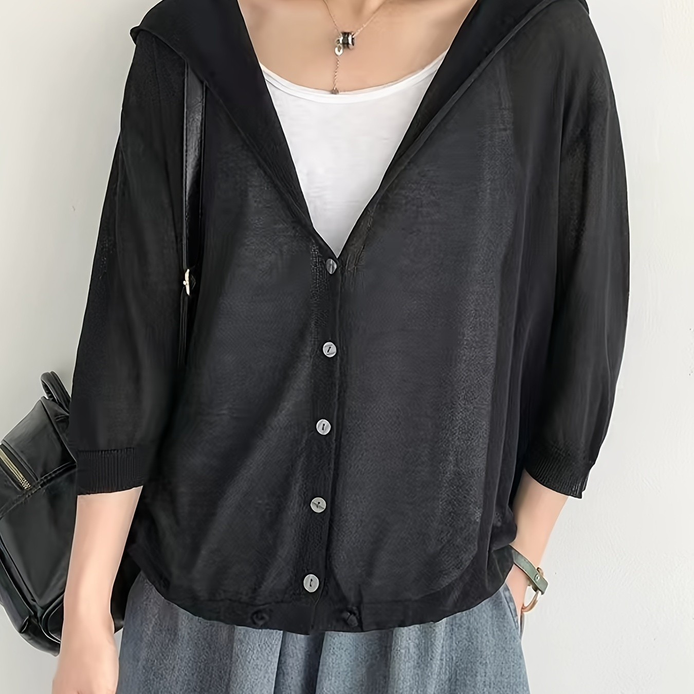 

Solid Color Button Hooded Cardigan, Casual 3/4 Sleeve Loose Cardigan For Spring & Summer, Women's Clothing