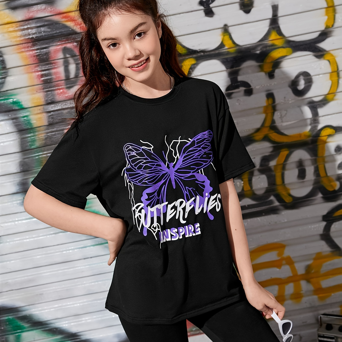 

Butterfly Graphic Letters Print Crew Neck T-shirt, Casual Versatile Short Sleeve Trendy Summer Tee Comfy Top, Girls' Clothing