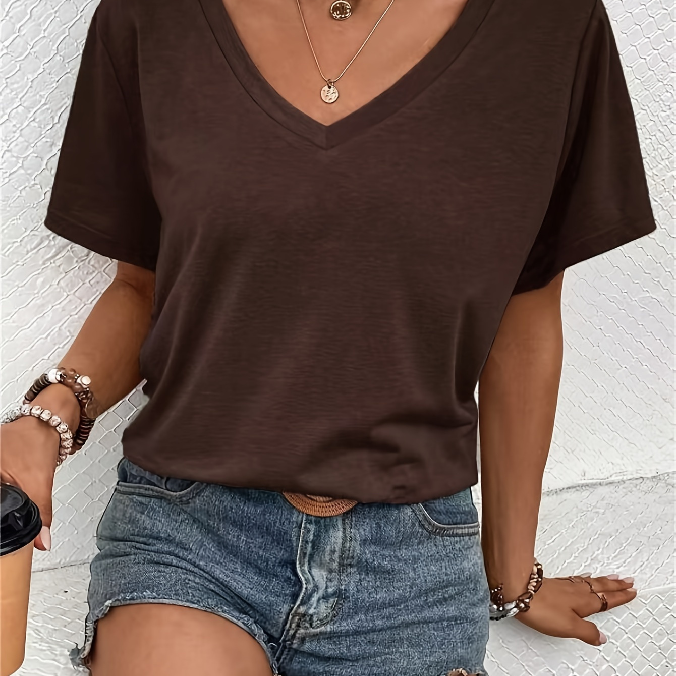 

Solid Color V Neck T-shirt, Casual Short Sleeve T-shirt For Spring & Summer, Women's Clothing