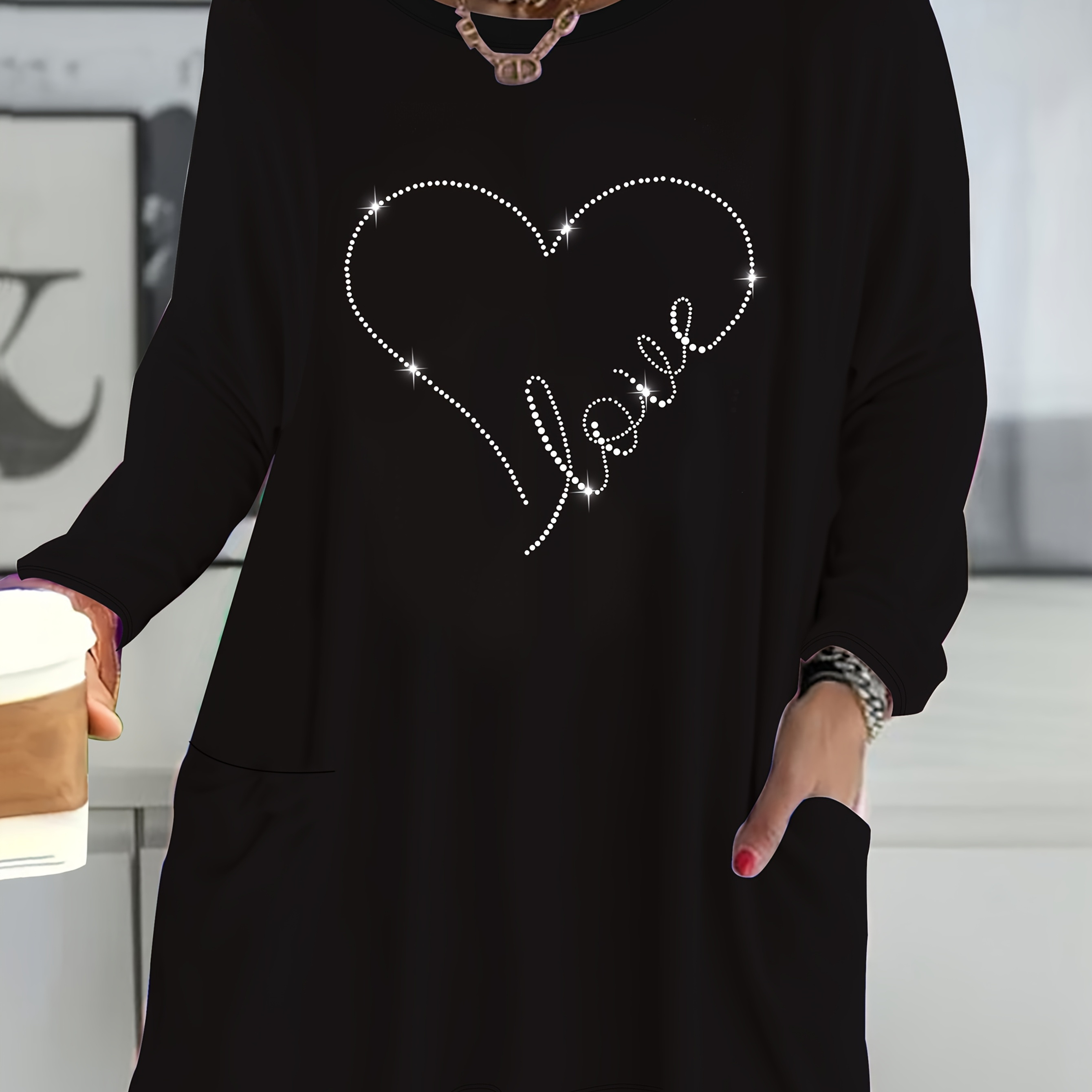 

Plus Size Women's Casual Love Heart Rhinestone Long Sleeve T-shirt With Pockets - Black, Stretchy Polyester , Round Neck, Machine Washable, Plus Size Casual T Shirt