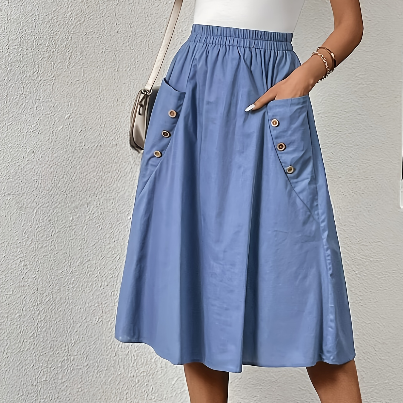 

Button Decor Pockets Skirt, Casual Solid Color Elastic Waist Skirt For Spring & Summer, Women's Clothing