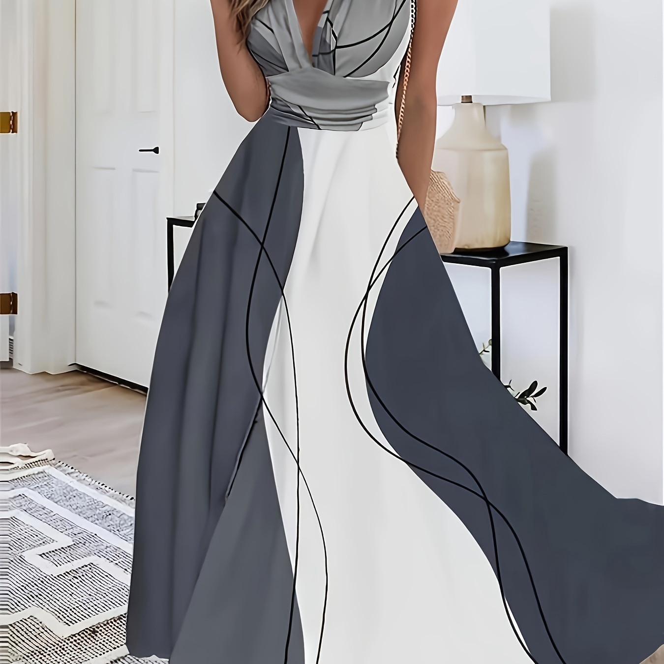 

Color Block Deep V-neck Tank Dress, Elegant Sleeveless Aline Maxi Dress For Spring & Summer, Women's Clothing