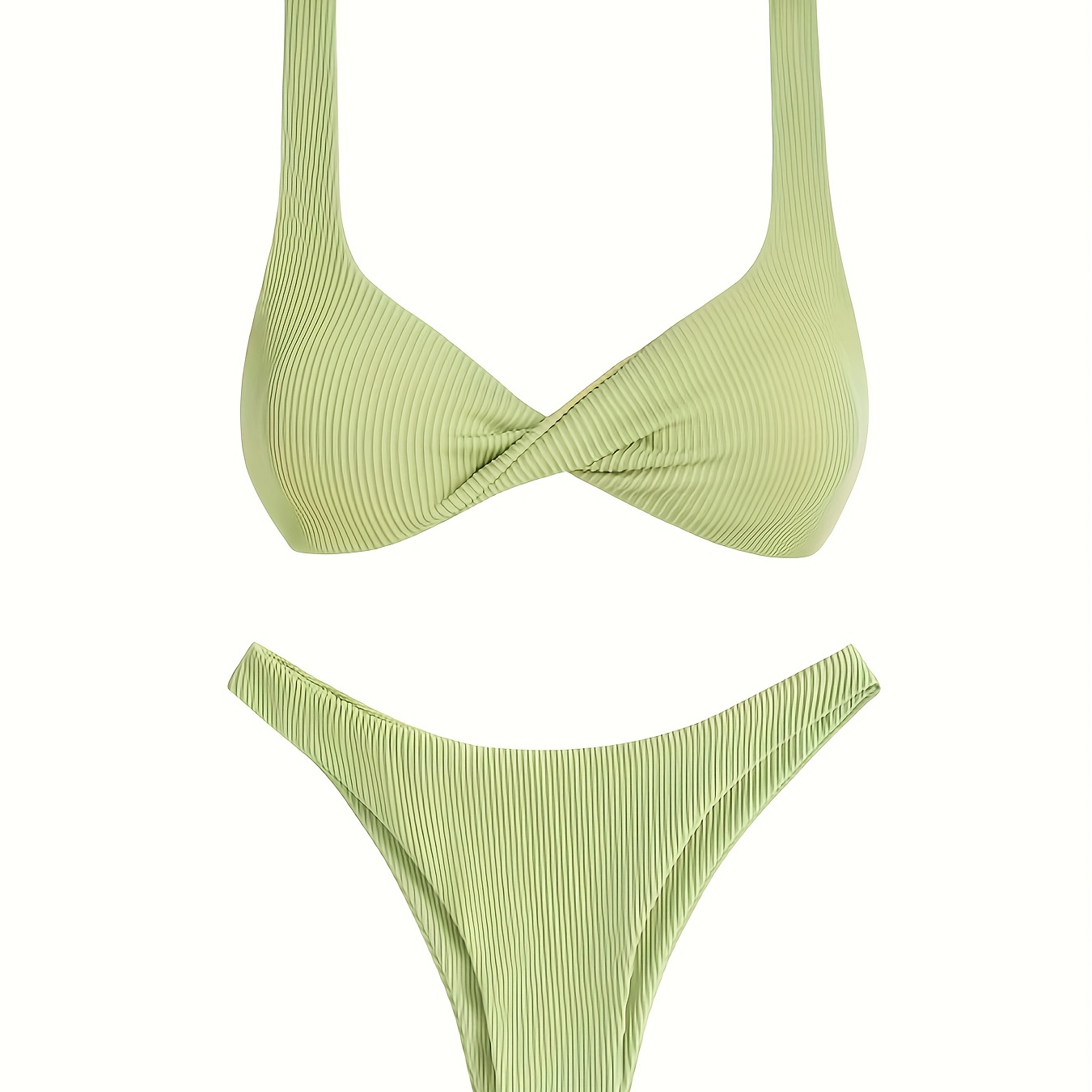 

Rib Knit Twist Green 2 Piece Set Bikini, Solid Color High Stretch Simple Swimsuits, Women's Swimwear & Clothing