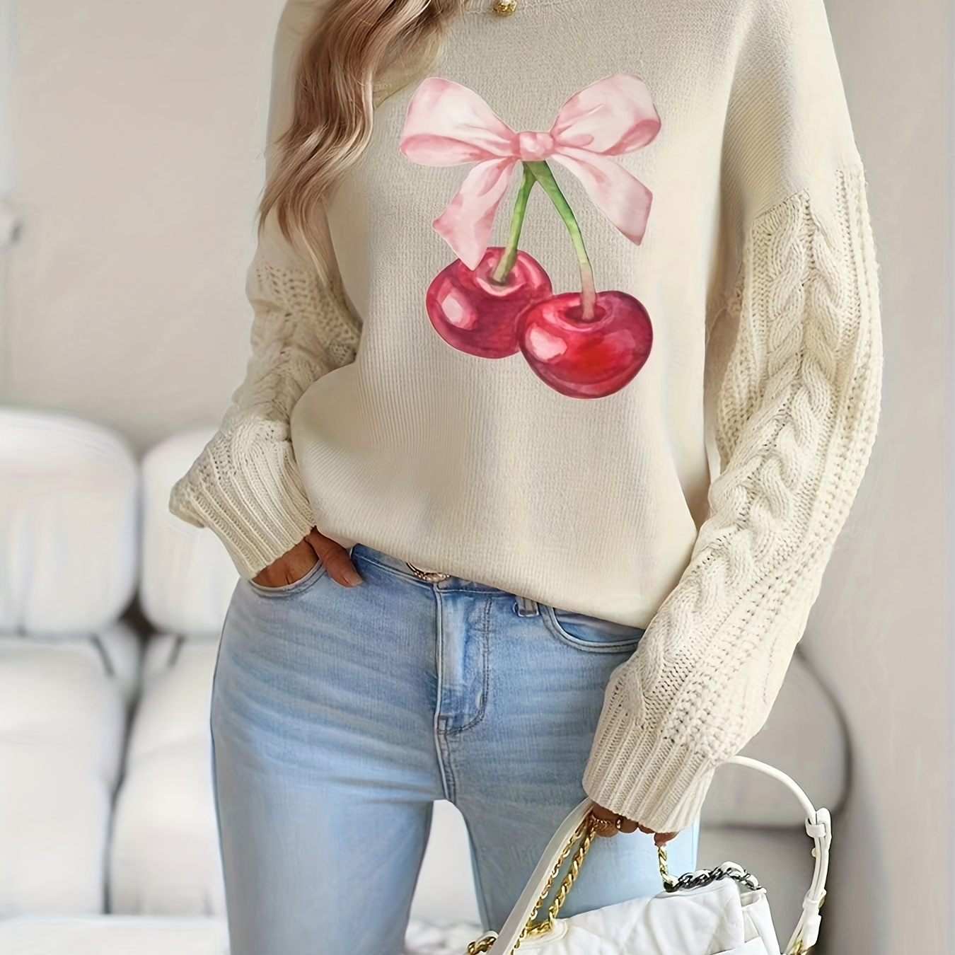 

Women's Chic Crew Neck Pullover Sweater With Cherry Print - Cotton Blend Knitwear For Fall/winter, Long Sleeve Twisted Cable Knit Jumper