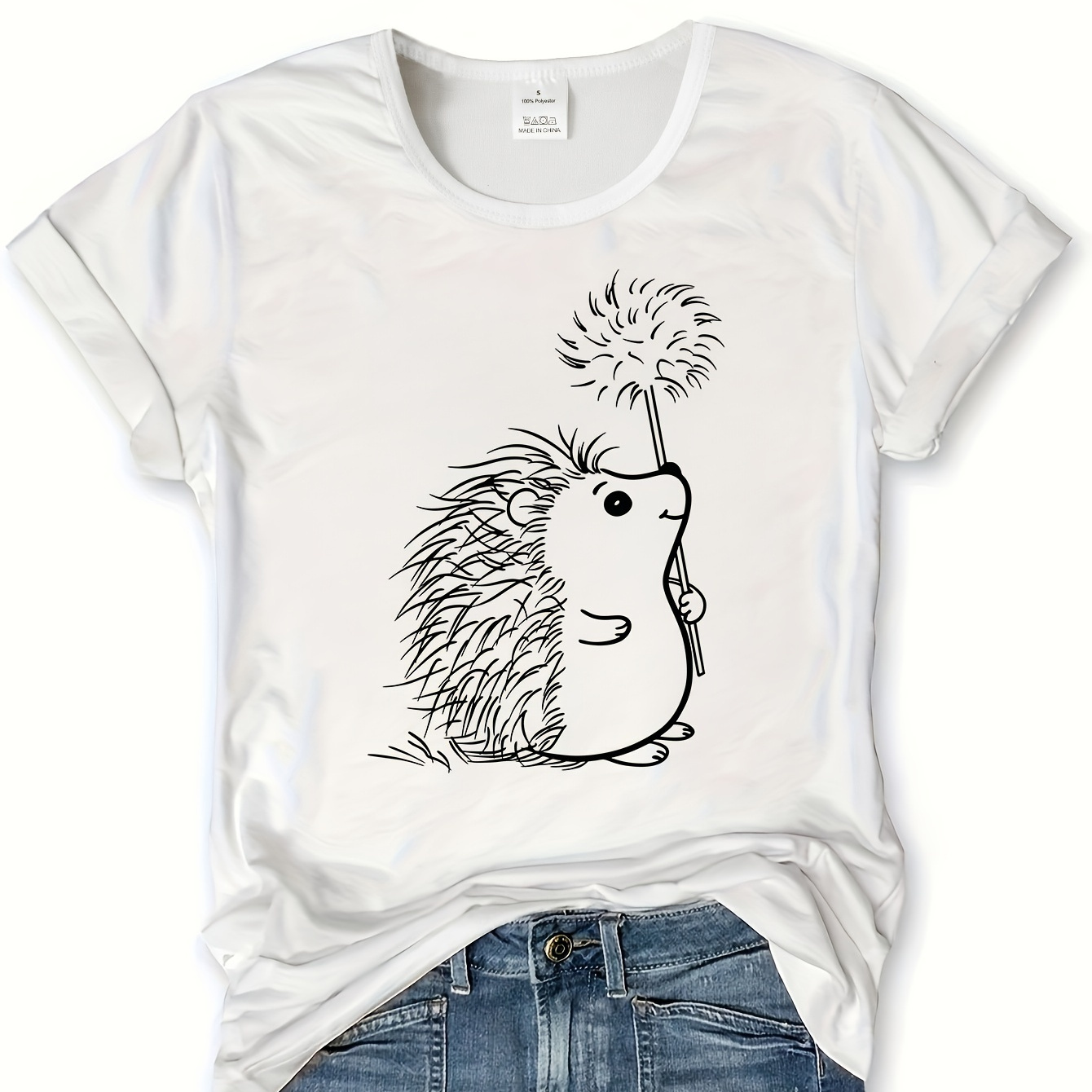 

Hedgehog Print Crew Neck T-shirt, Casual Short Sleeve T-shirt For Spring & Summer, Women's Clothing