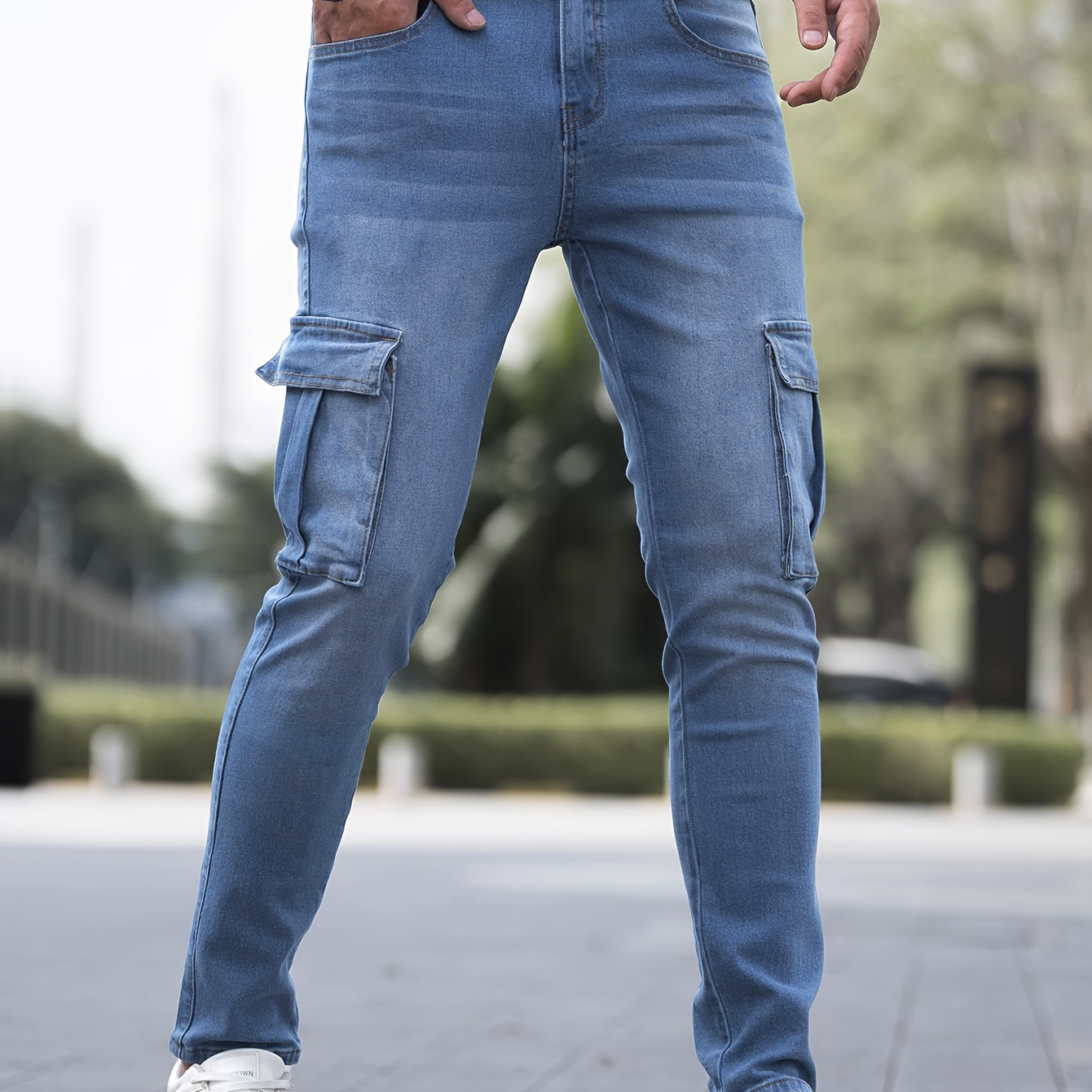 Men's High Stretch Denim Pants Casual Street Style Flap - Temu