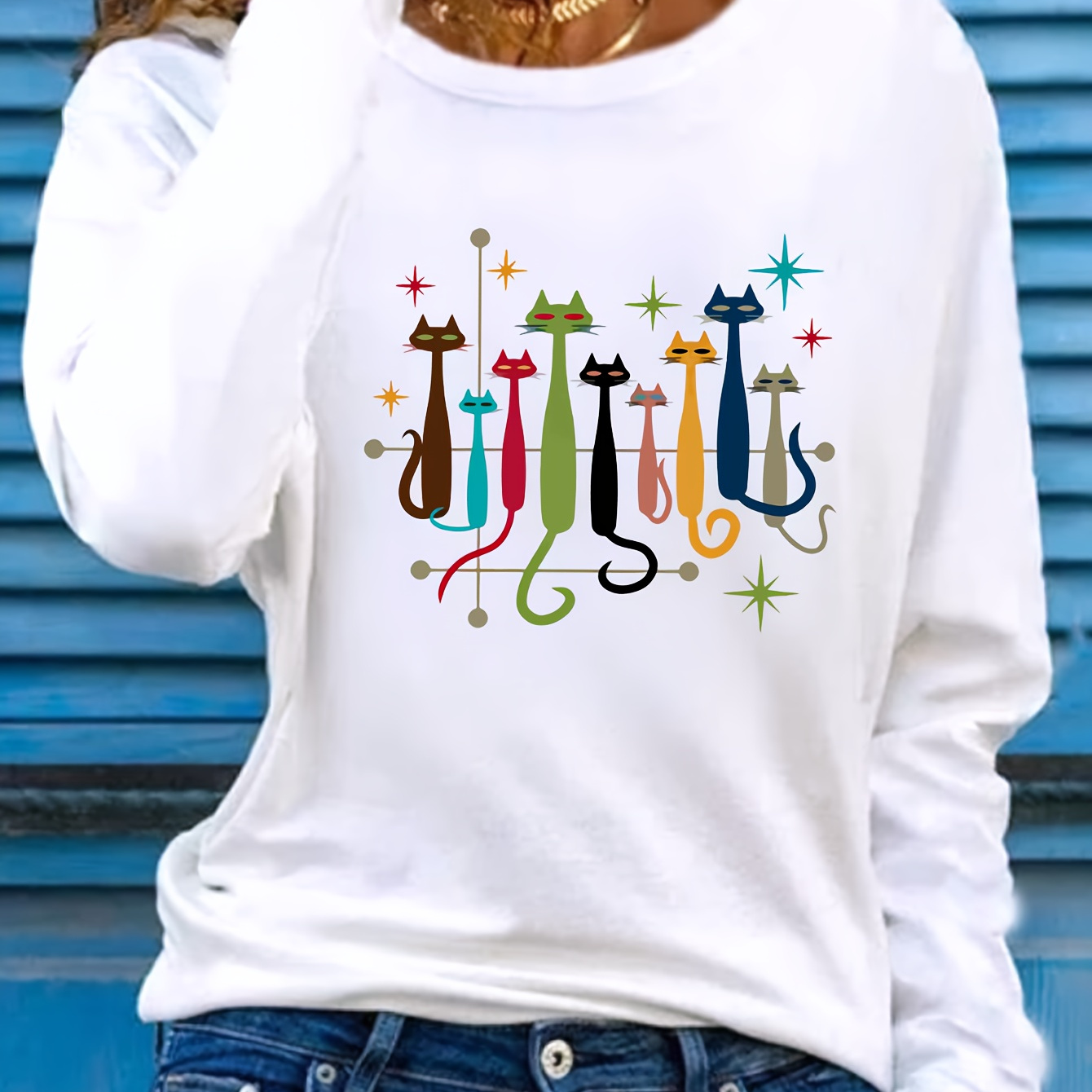 

Women's Casual Long Sleeve Crew Neck T-shirt With Cartoon Applique, 100% Polyester Knit Fabric, Slight Stretch, Regular Fit For Fall/winter - 180gsm