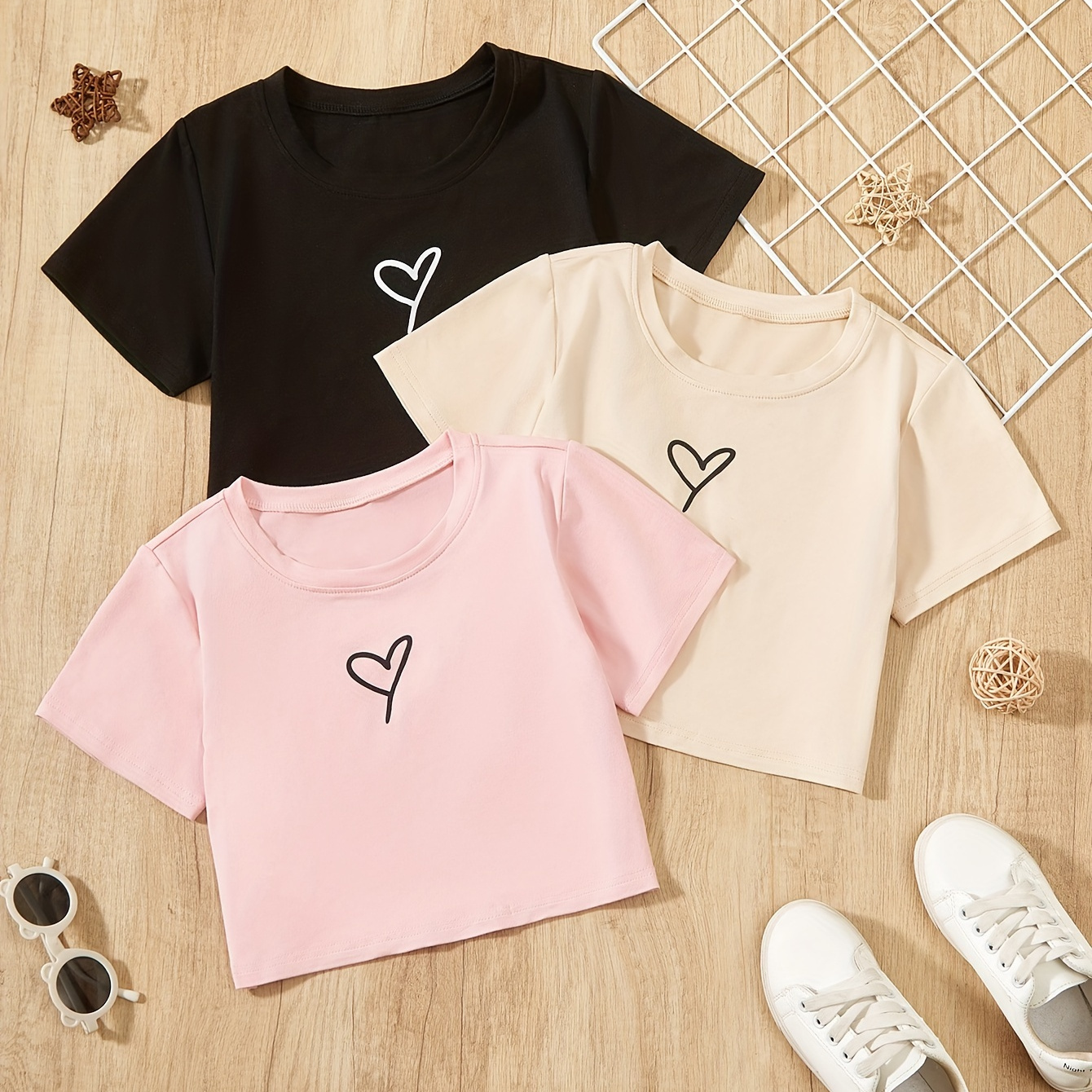 

3pcs Casual Simple Heart Print Short Sleeve T-shirt Tops For Girls Summer Gift