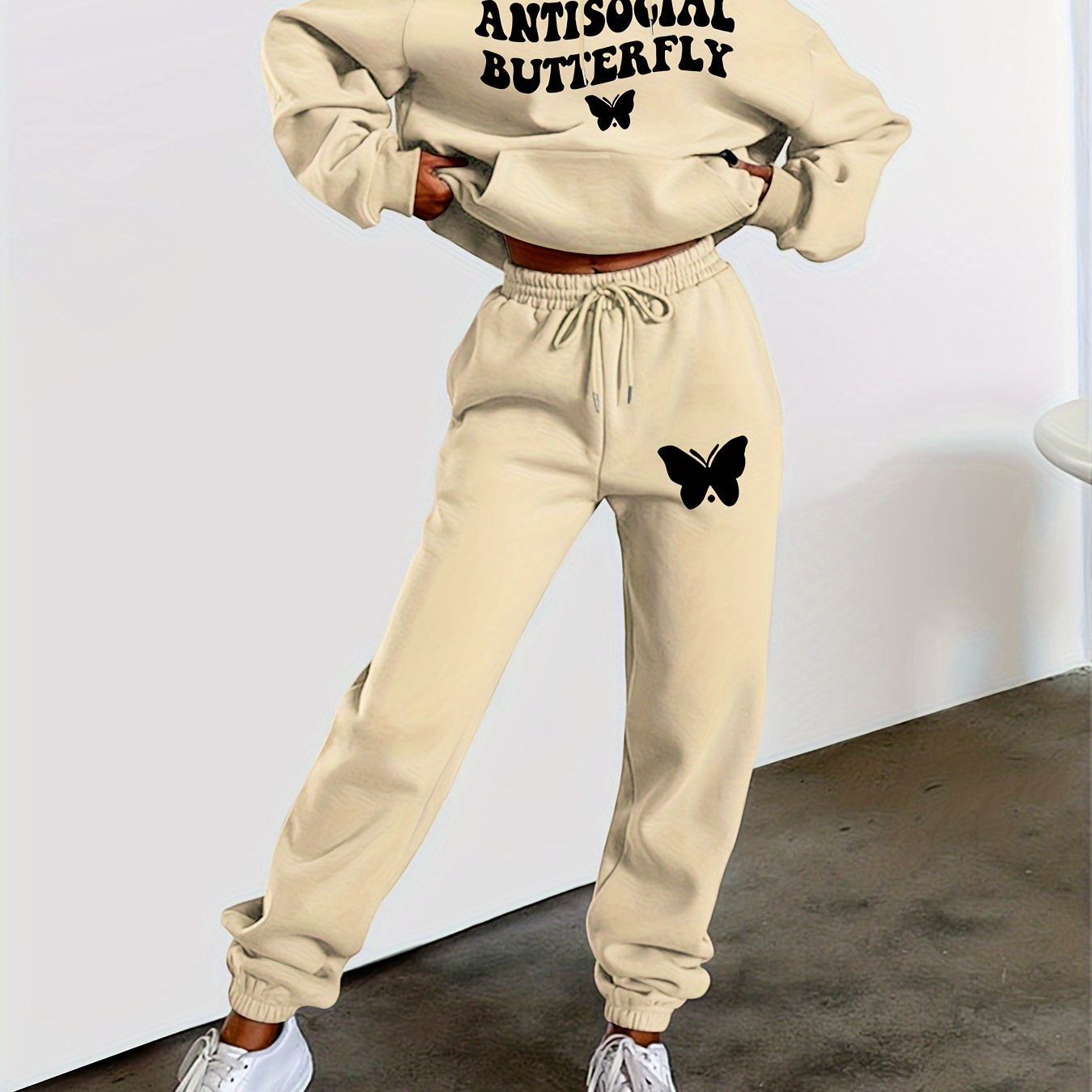 

2pcs Butterfly & Letter Print Casual Sports Set, Long Sleeves Drawstring Hooded Sweatshirt & Elastic Waist Jogger Pant Sporty Suit, Women's Activewear