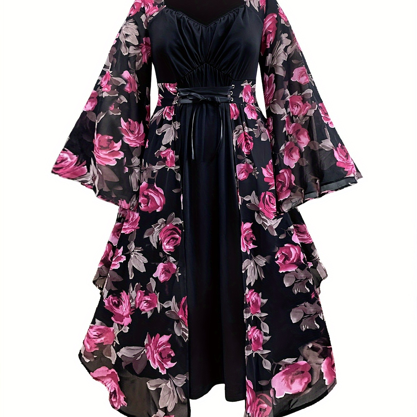 

Plus Size Floral Print Dress, Elegant Flared Sleeve Dress For Spring & Fall, Women's Plus Size Clothing