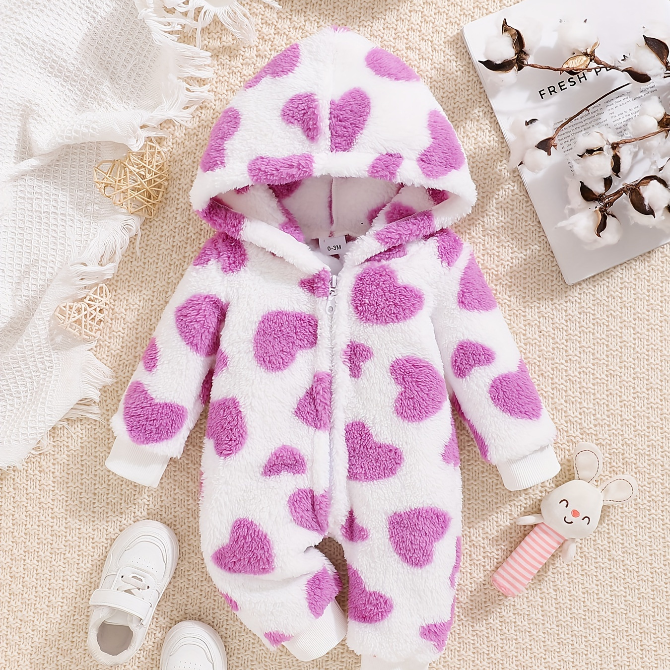 

Baby's Casual Heart Pattern Warm Bodysuit, Fuzzy Fleece Long Sleeve Romper, Toddler & Infant Girl's Onesie For Fall Winter