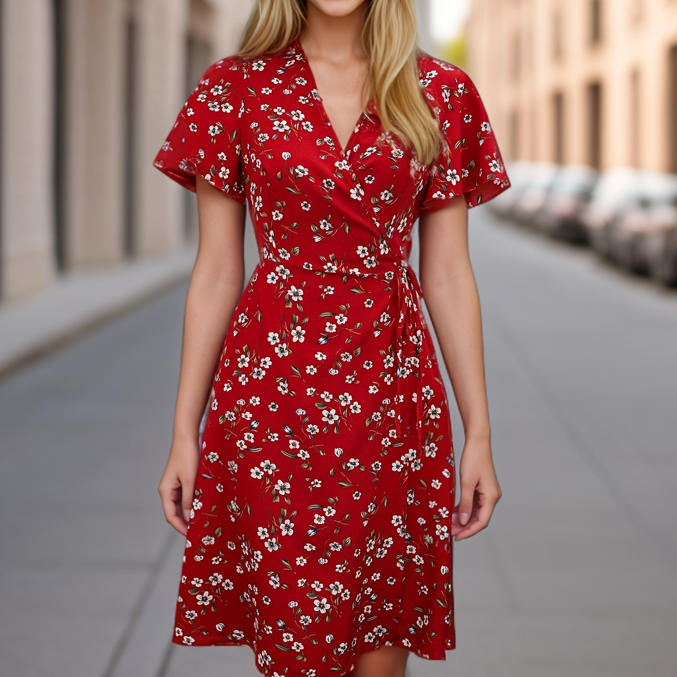 

Chic Floral Wrap Dress With Sleeves - V-neck, Non-stretch Polyester , Spring/fall Vacations