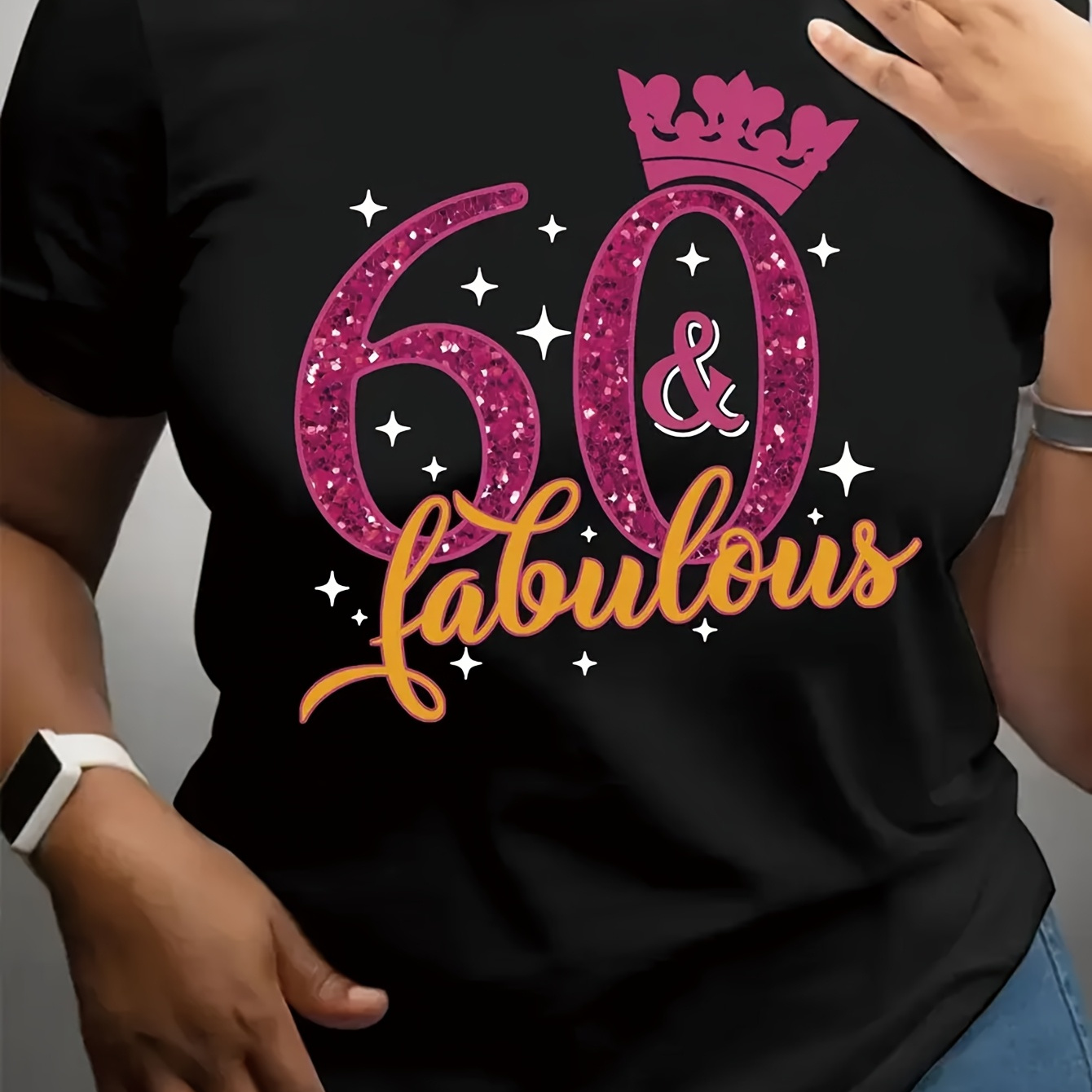 

Chic 60 & Fabulous Birthday Celebration Tee For Women - Casual Round Neck Short Sleeve, Glittery Pink Crown & , Breathable Polyester , Machine Washable, Birthday Shirt