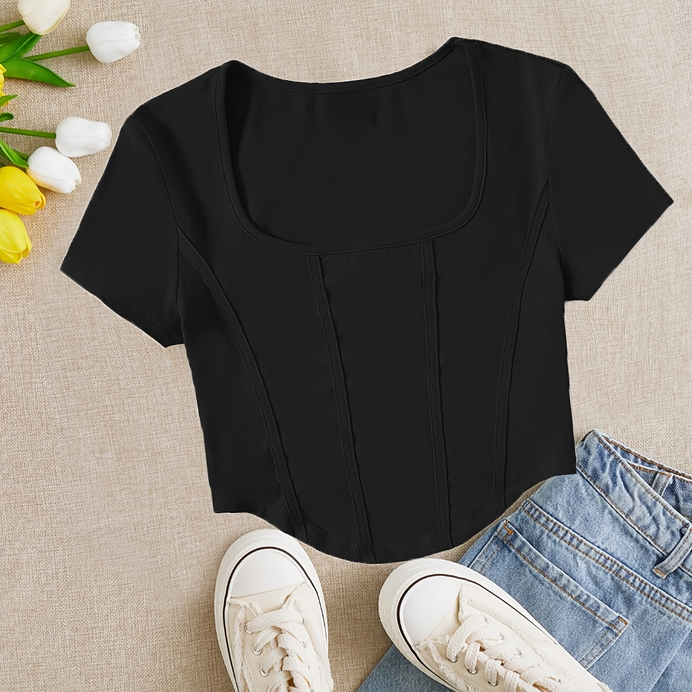

Solid Square Neck Crop T-shirt, Casual Short Sleeve T-shirt For Spring & Summer, Women's Clothing