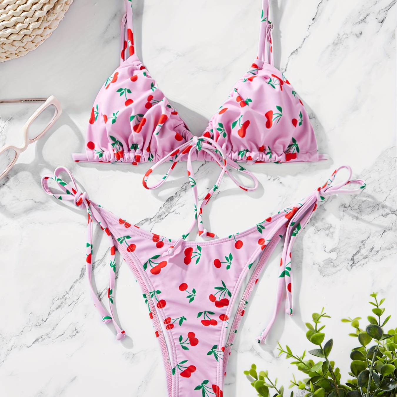 

Women's Summer Vacation Cherry Print Bikini Set, Adjustable Drawstring Top With Side Tie Swim Bottoms