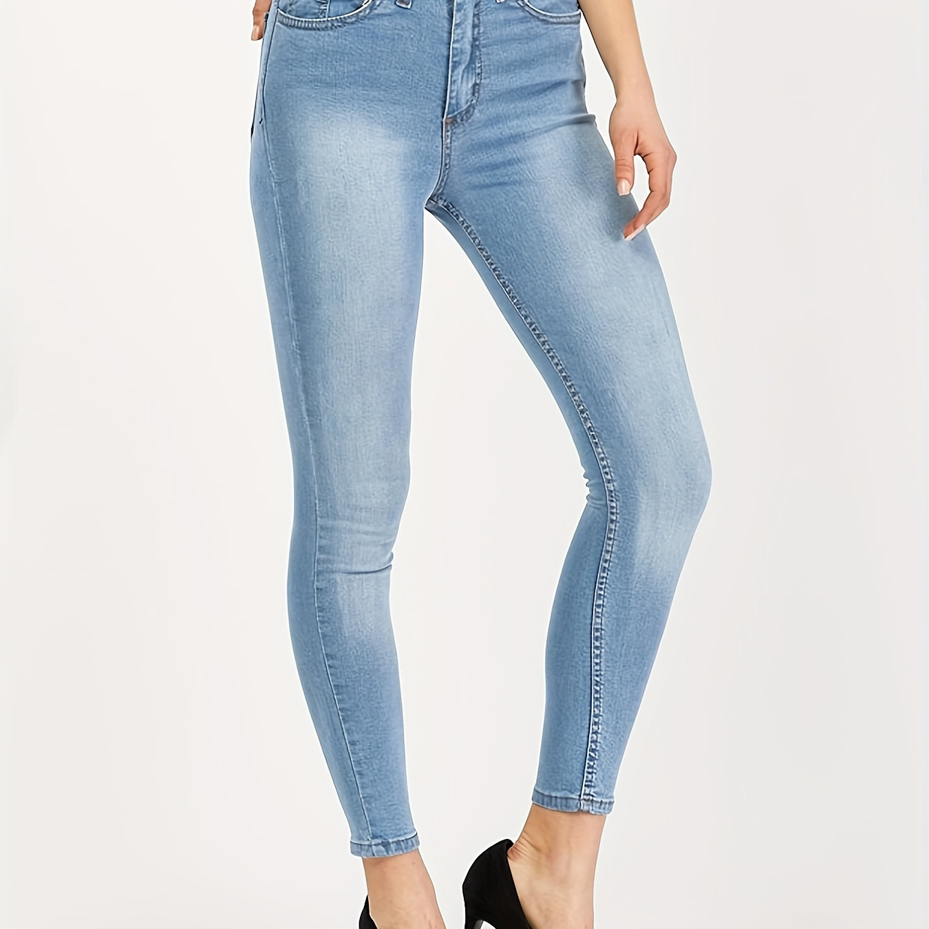 

High Waist Skinny Jeans, Slash Pockets High Rise Solid Color High Waist Casual Denim Pants, Women's Denim Jeans & Clothing