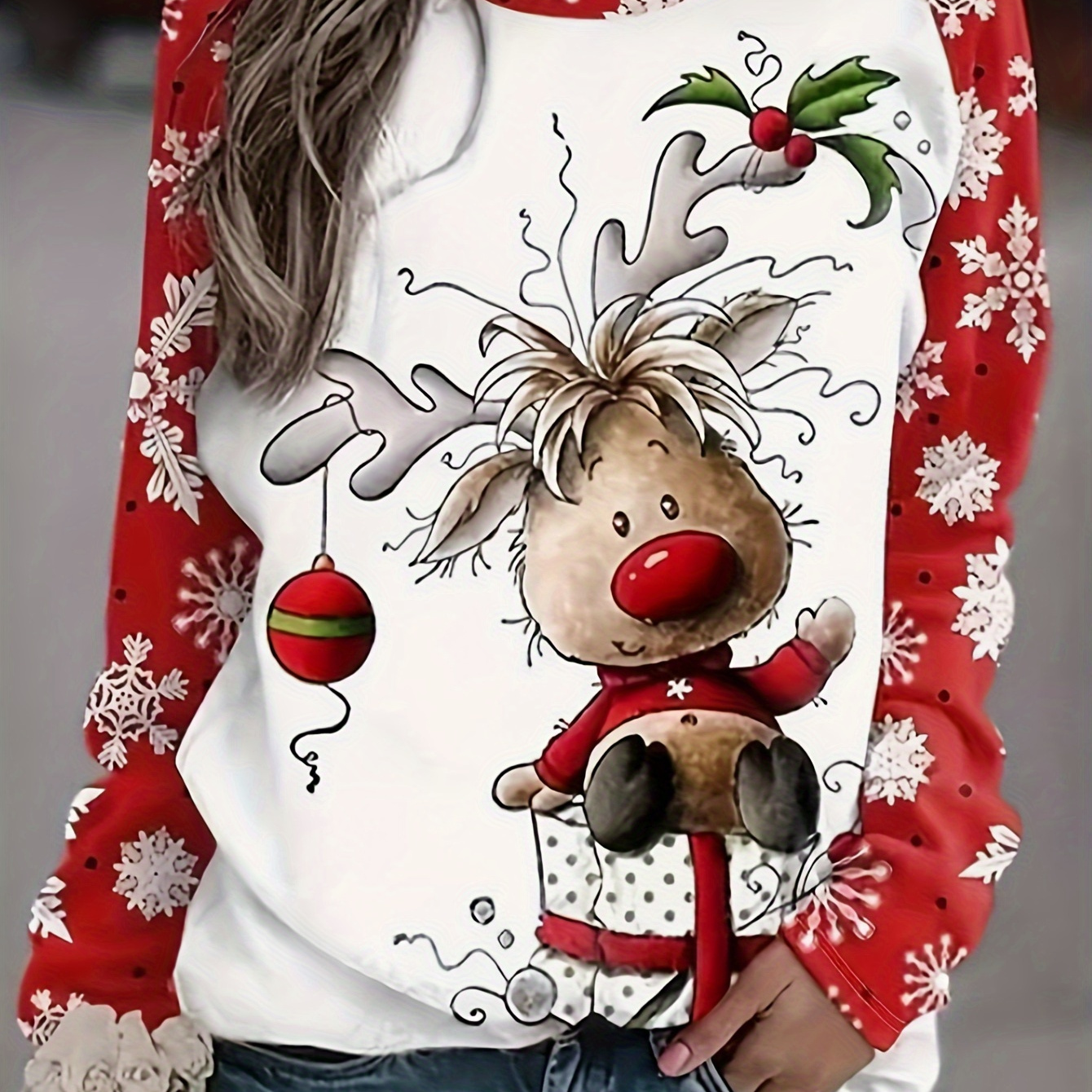 

Cute Cartoon Reindeer Print Long Sleeve T-shirt, Polyester Knit Fabric, Round Neck Top For All