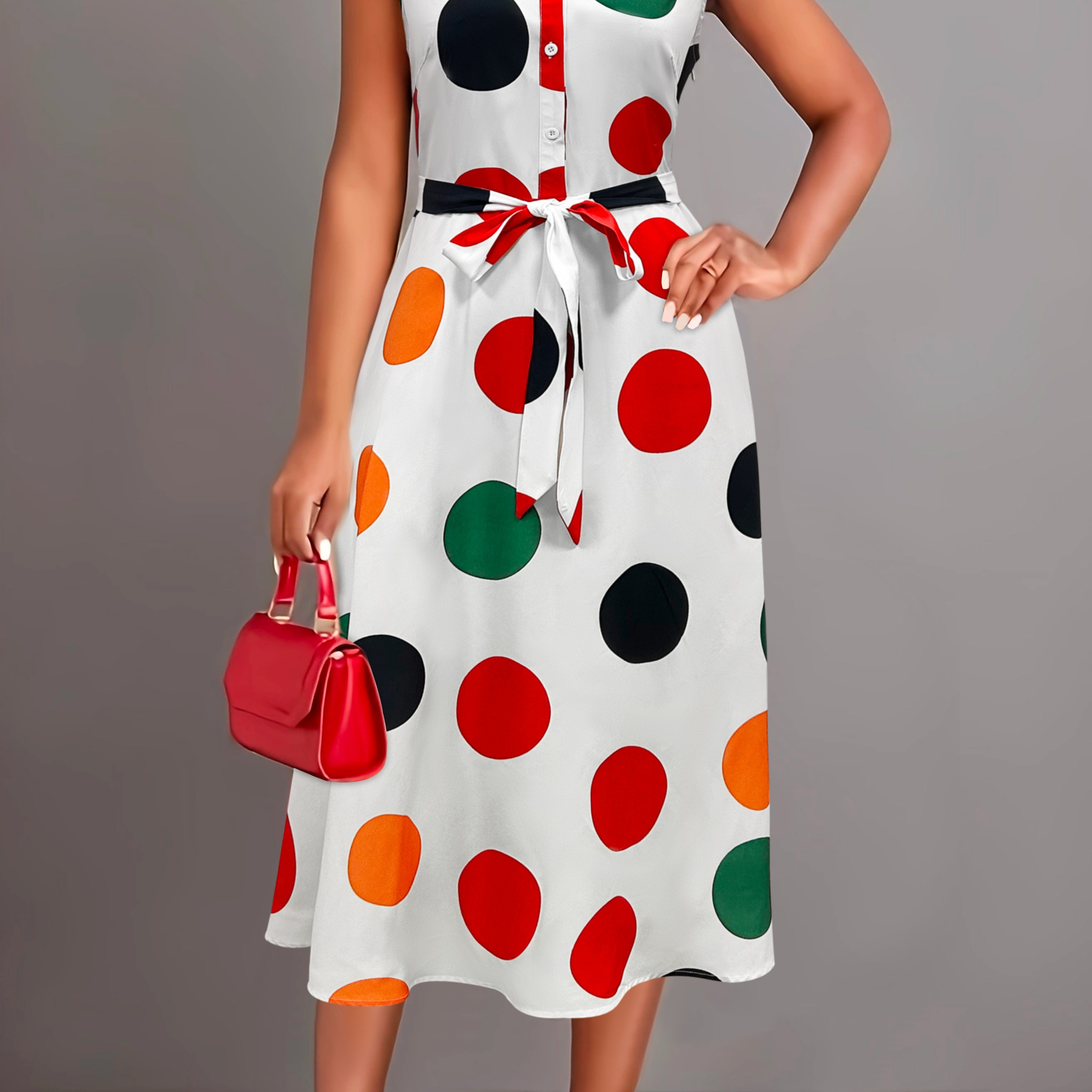 

Polka Dot Single-breasted Dress, Casual Collared Sleeveless Tie Waist Midi Dress For Spring & Summer, Women's Clothing
