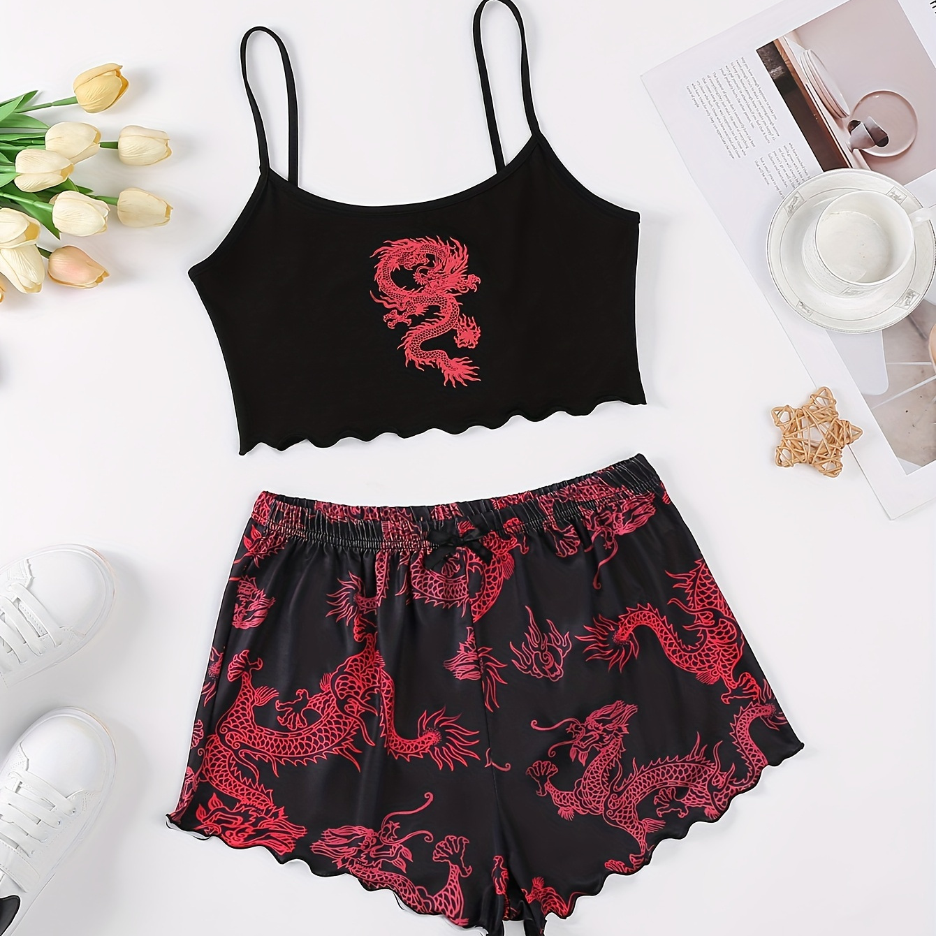 

Chinese Dragon Print Sexy Garter Top And Shorts Pajama Set