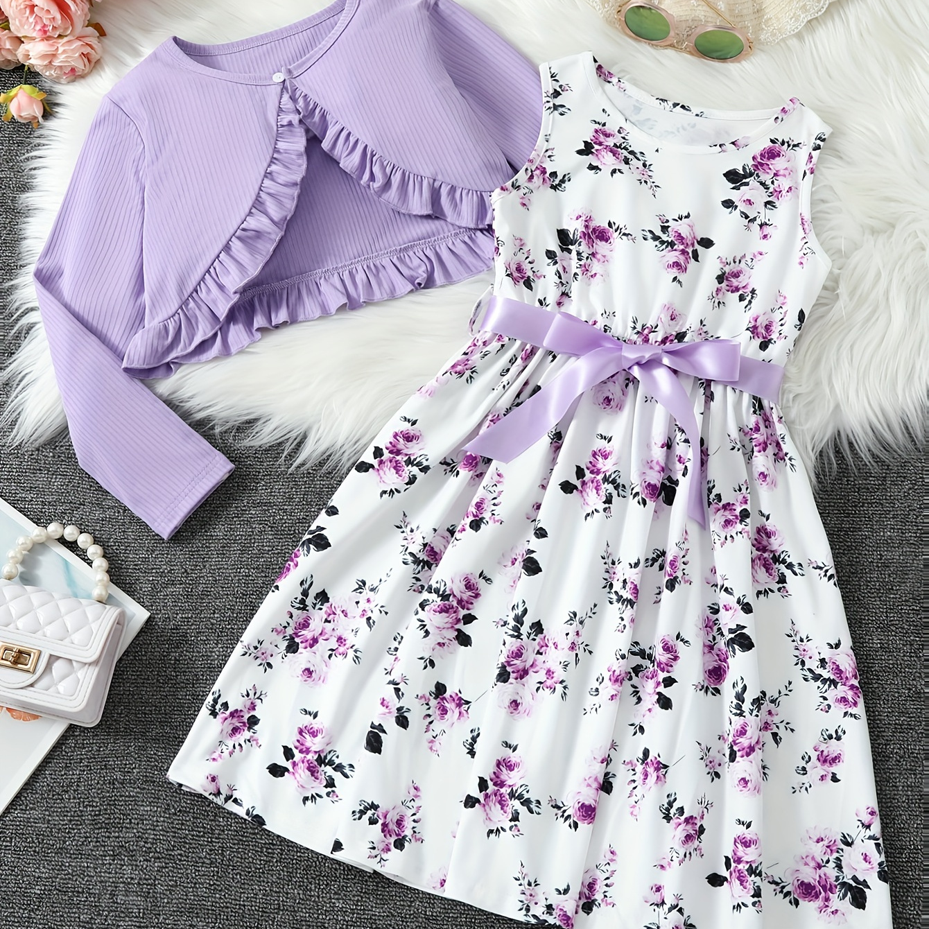 

Elegant Girls 2pcs Solid Ruffle Trim Cardigan + Flora Print Sleeveless Dress Set For Spring Summer Fall Party Gift