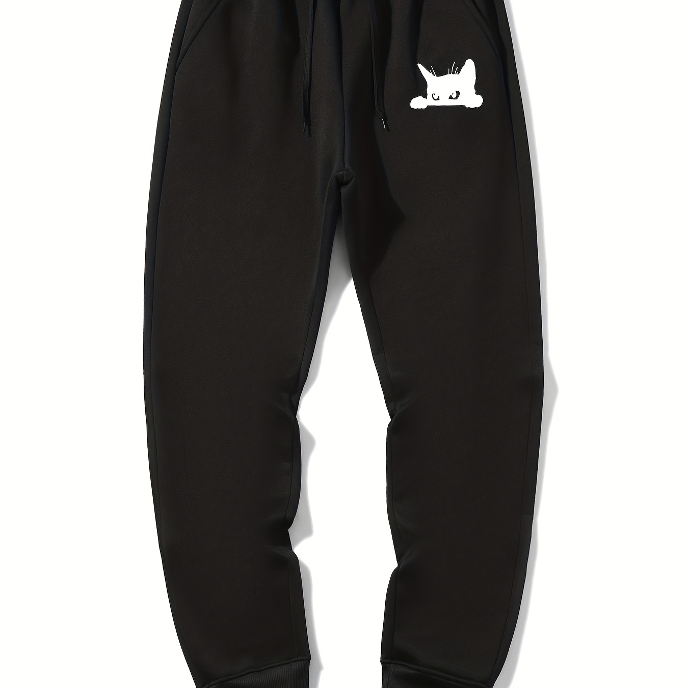 

White Cat Print Men's Drawstring Sweatpants With Pockets, Loose Casual Comfy Jogger Pants