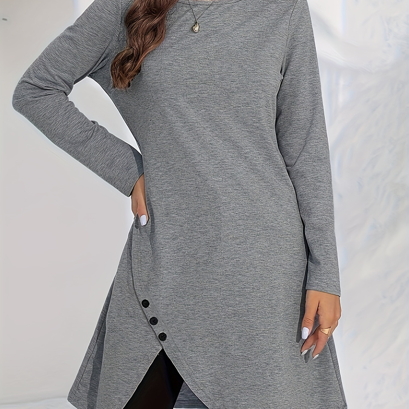 

Button Detail Crew Neck T-shirt, Casual Long Sleeve Asymmetric Hem Longline Top For Spring & Fall, Women's Clothing