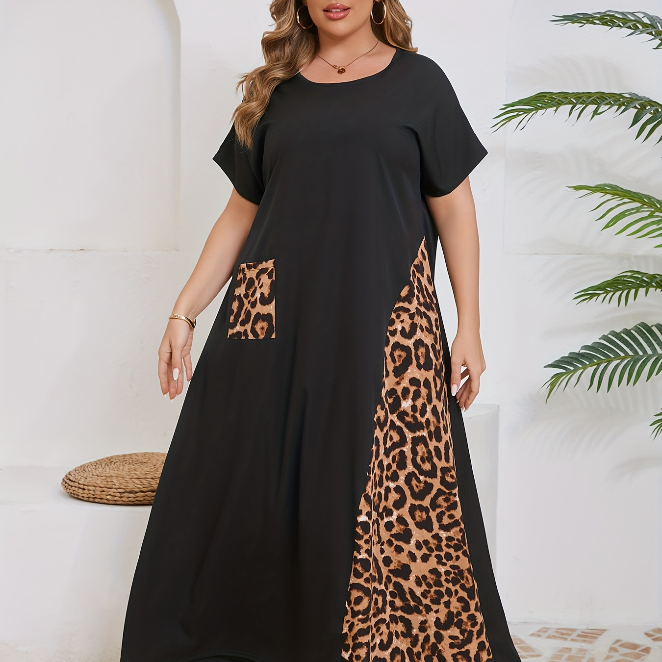 

Plus Size Elegant Leopard Print Patchwork Maxi Dress With Pockets - Round Neck, Short Sleeve, Machine Washable - Ideal For Spring/summer, Plus Size Dresses