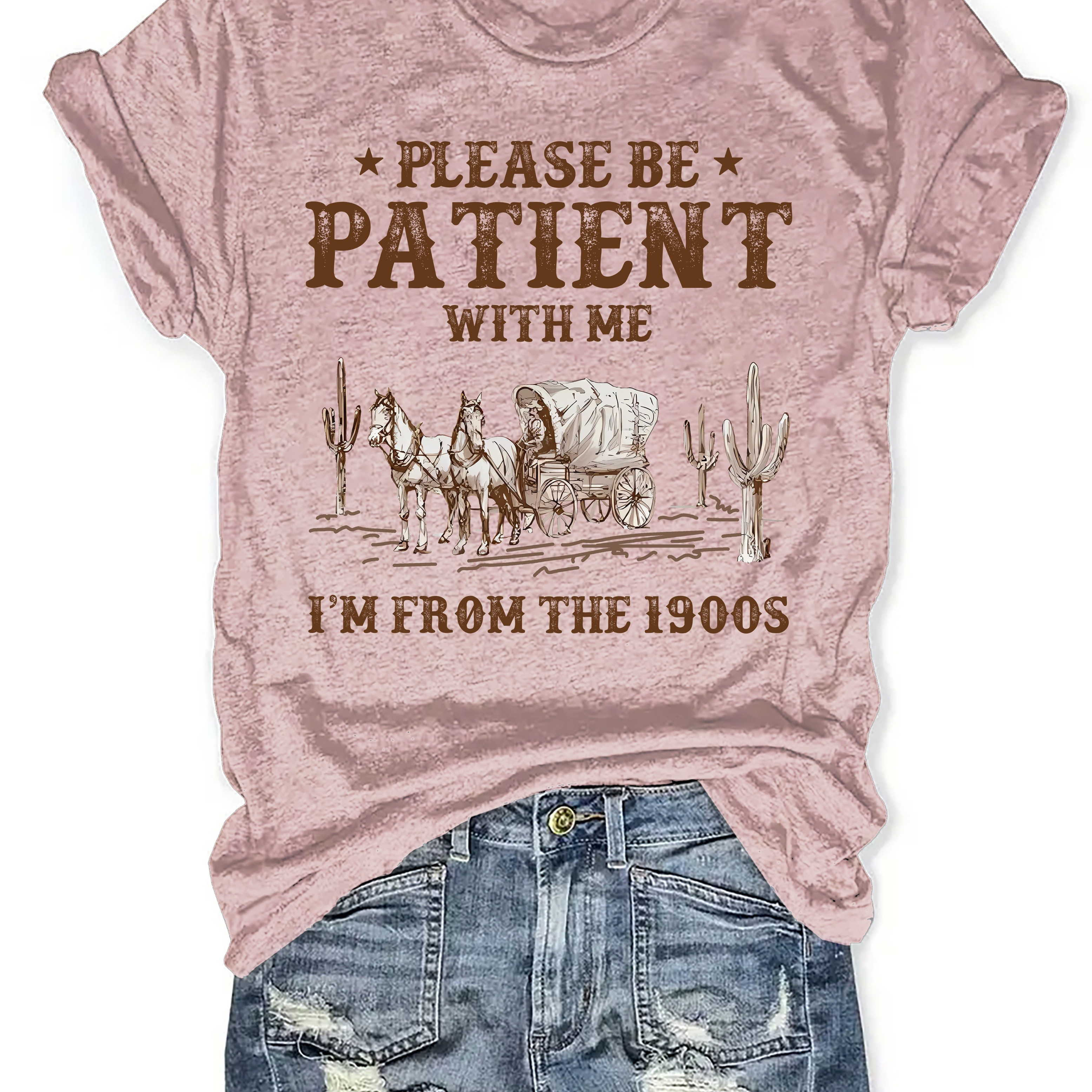 

Vintage-inspired Letter Neck T-shirt For Women - Casual, Breathable Polyester, Machine Washable