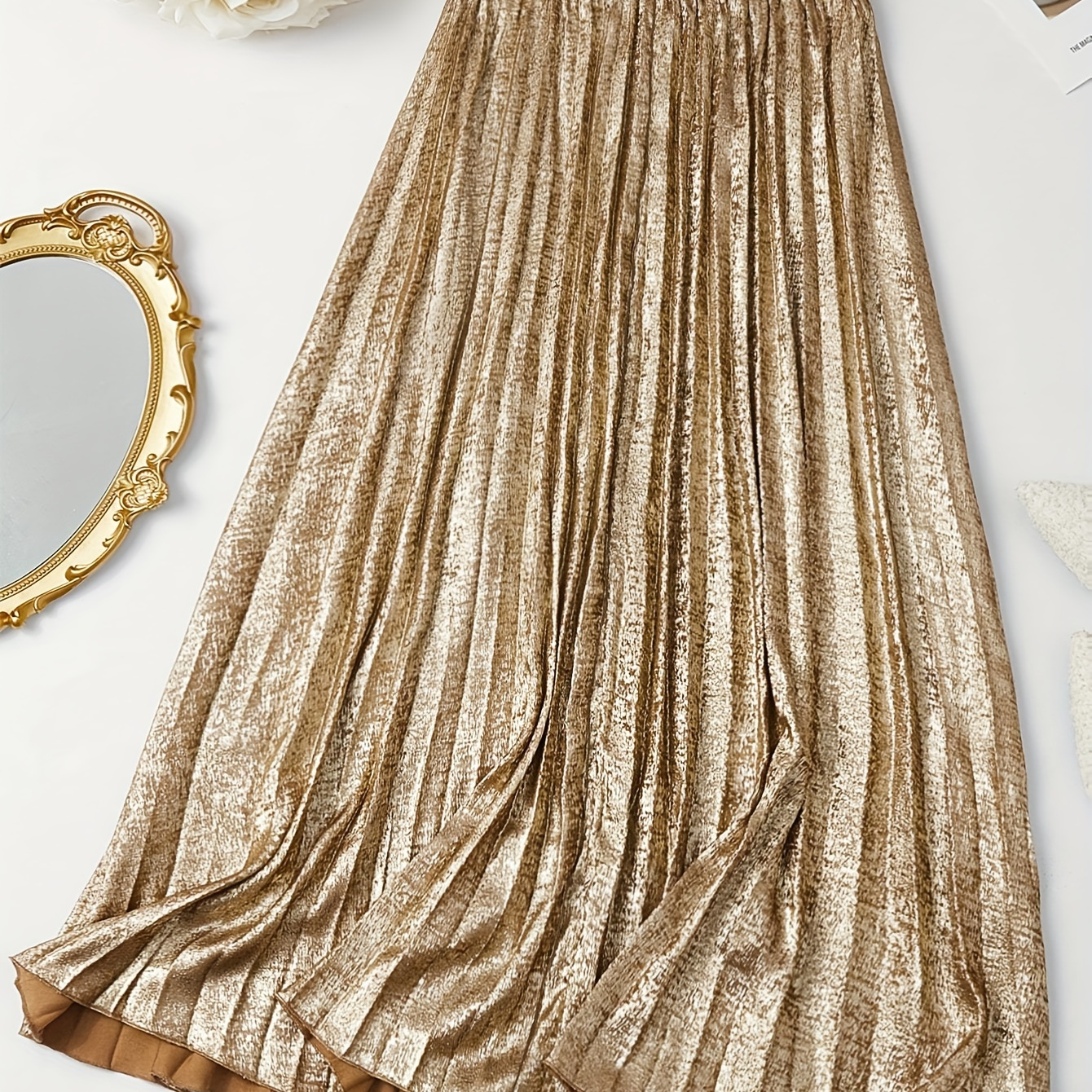 

Elegant Golden Metallic Pleated Midi Skirt For Women - Polyester , Machine Washable, Spring/summer/fall Fashion