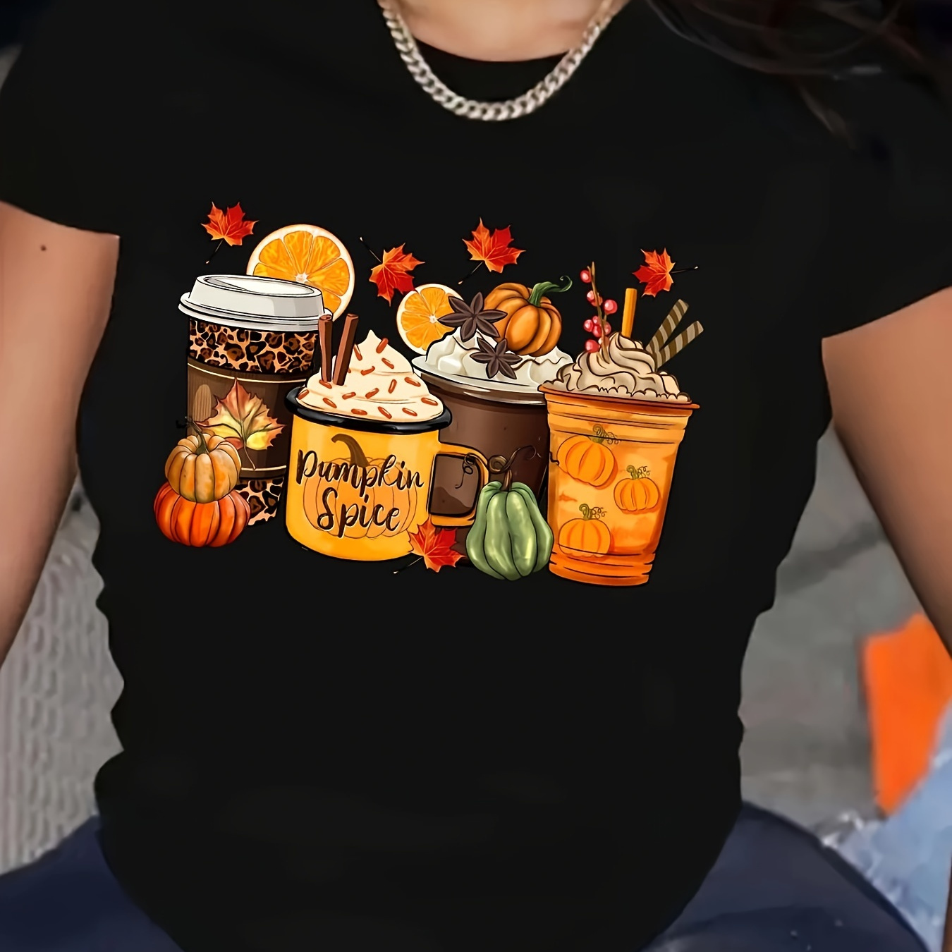 

Women's Casual Pumpkin Spice Short Sleeve Round Neck T-shirt, Polyester, Festive Graphic, Regular Fit, All-season, Knit Fabric