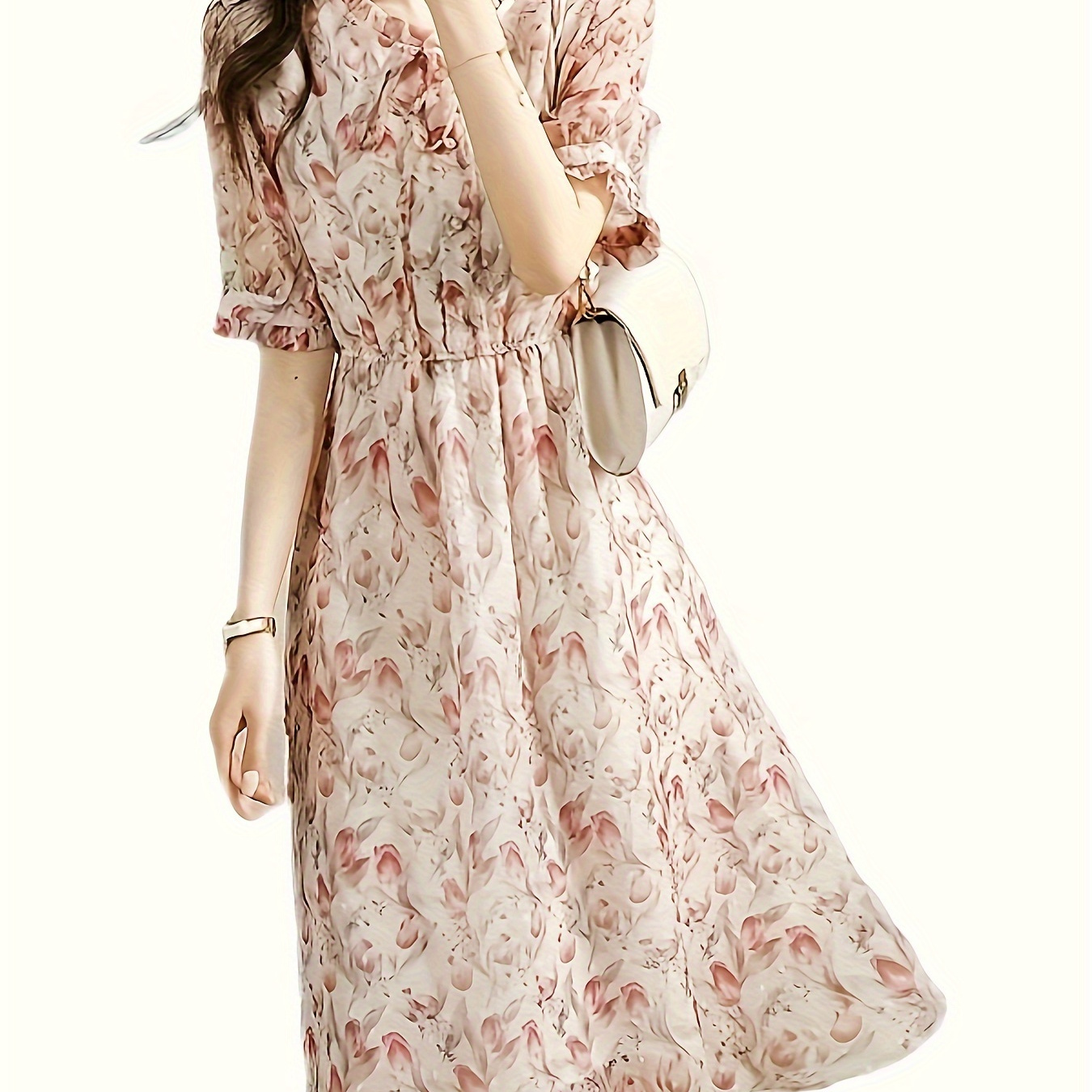 

Floral Print Lettuce Trim Dress, Elegant Short Sleeve Tie Front Peplum Dress For Spring & Summer, Women's Clothing