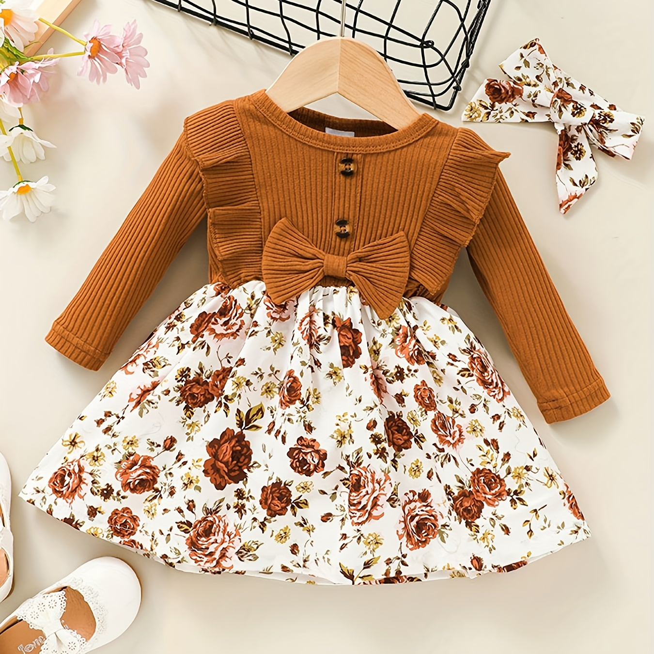 

Baby Girls Cotton Ruffled Long Sleeve Flower Print Cute Dress