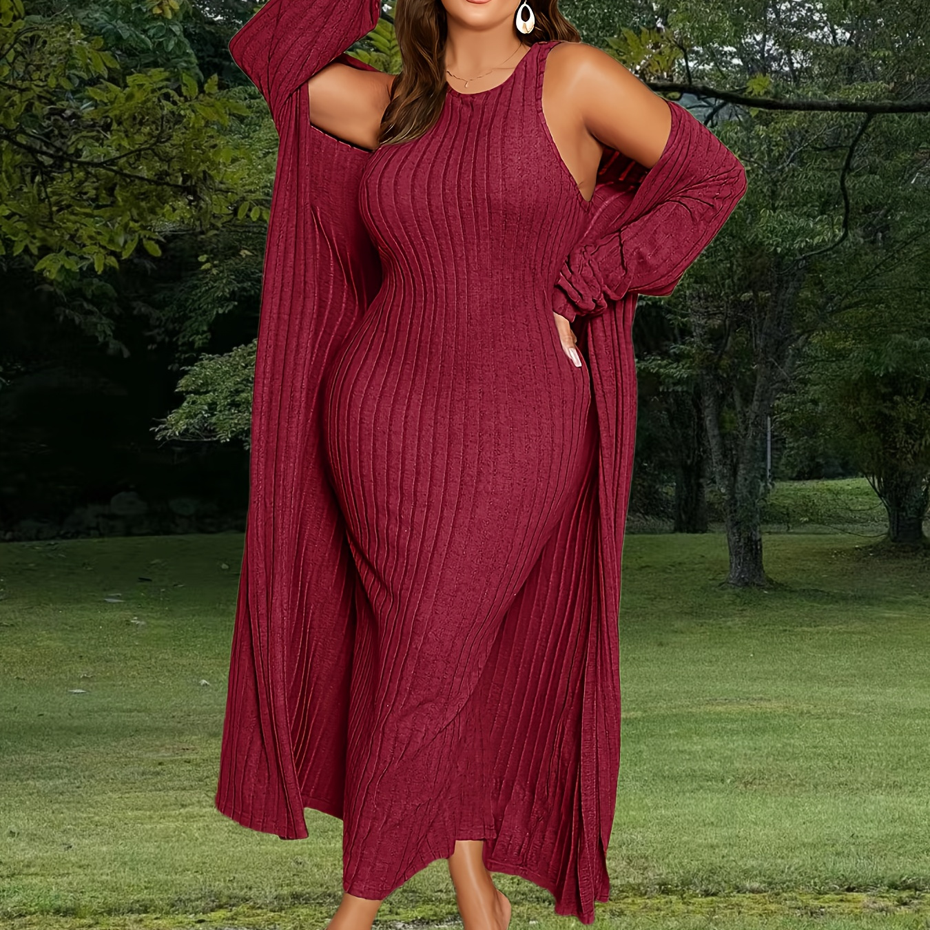 

Long Sleeved Cardigans And Sleeveless Dresses, Two-piece Sets Of Plus Size Ribbed Cardigans And Dresses, Women's Plus Size Clothing