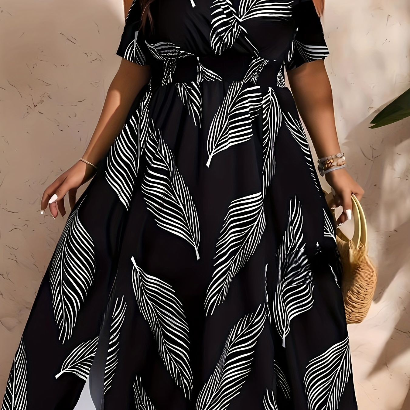 

Plus Size Tropical Print Split Dress, Vacation Style Cold Shoulder Surplice Neck Dress For Spring & Summer, Women's Plus Size Clothing