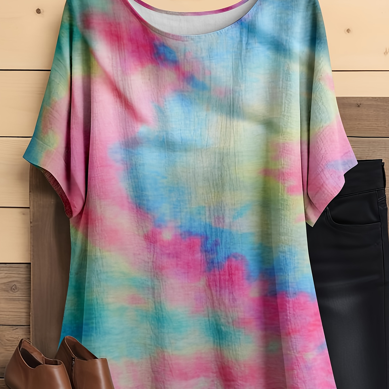 

T-shirt à motif tie-dye grande taille, haut décontracté à manches courtes col rond pour et l'été, vêtements grande taille pour femmes