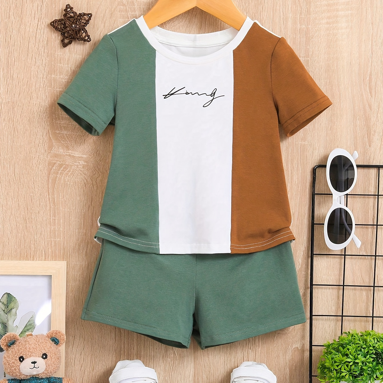 

Baby's Letter Print 2pcs Summer Casual Outfit, Color Block Stitching T-shirt & Shorts Set, Toddler & Infant Boy's Clothes