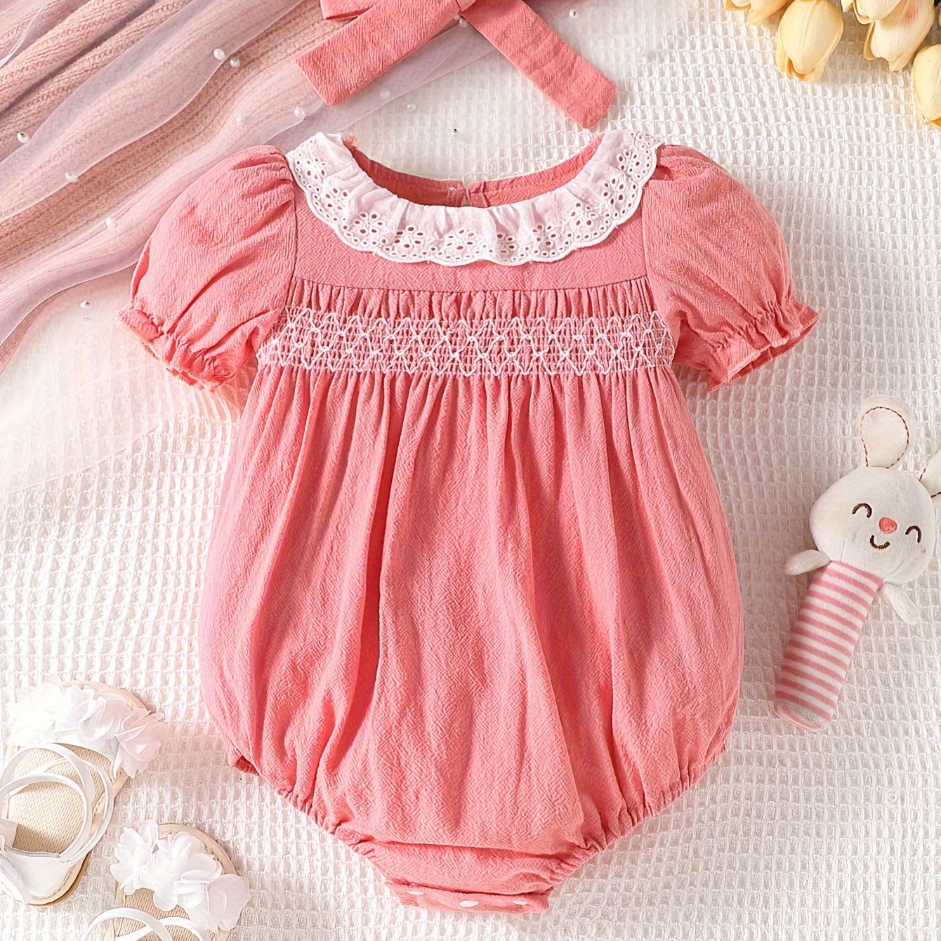 

Baby's Lovely Eyelet Embroidered Ruffle Decor Shirred Triangle Bodysuit, Princess Style Puff Sleeve Romper, Toddler & Infant Girl's Onesie For Summer, As Gift